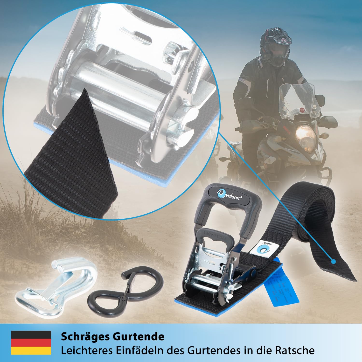 valonic PANTHER - 2x Motorrad Spanngurte mit Haken, 2,25m, blaue Fahne, 38mm, mit Polster, 650/1300 Kg, TÜV Rheinl. / GS zertifiziert, EN 12195-2 - sehr kurzer Spannweg, Motorradhalterung für Anhänger