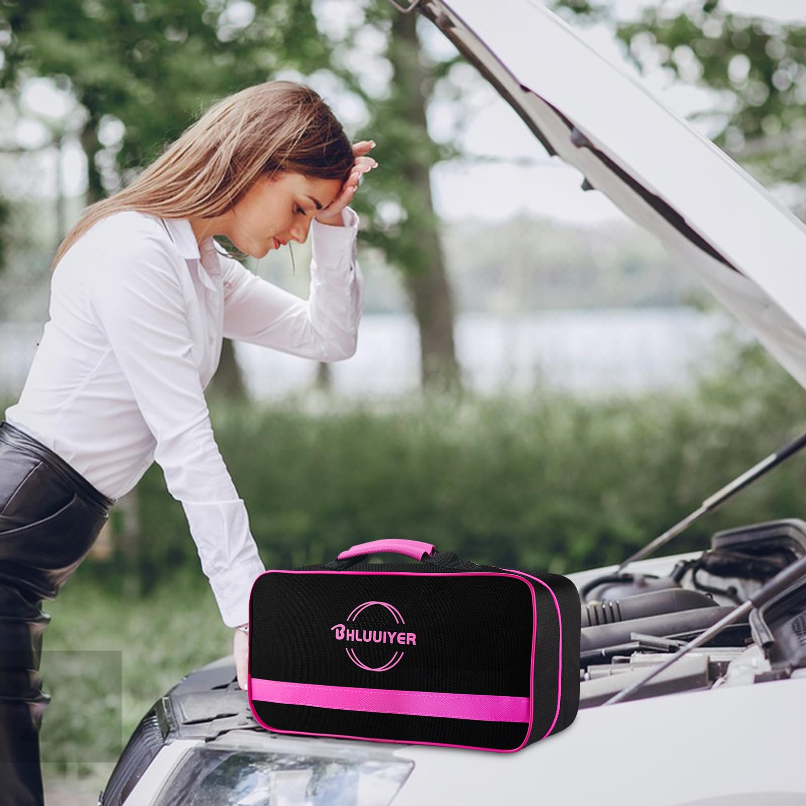 Car Emergency Kit Pink Roadside Emergency Car Kit with Jumper Cables Tow Rope Safety Hammer Pink Car Accessories — view 7