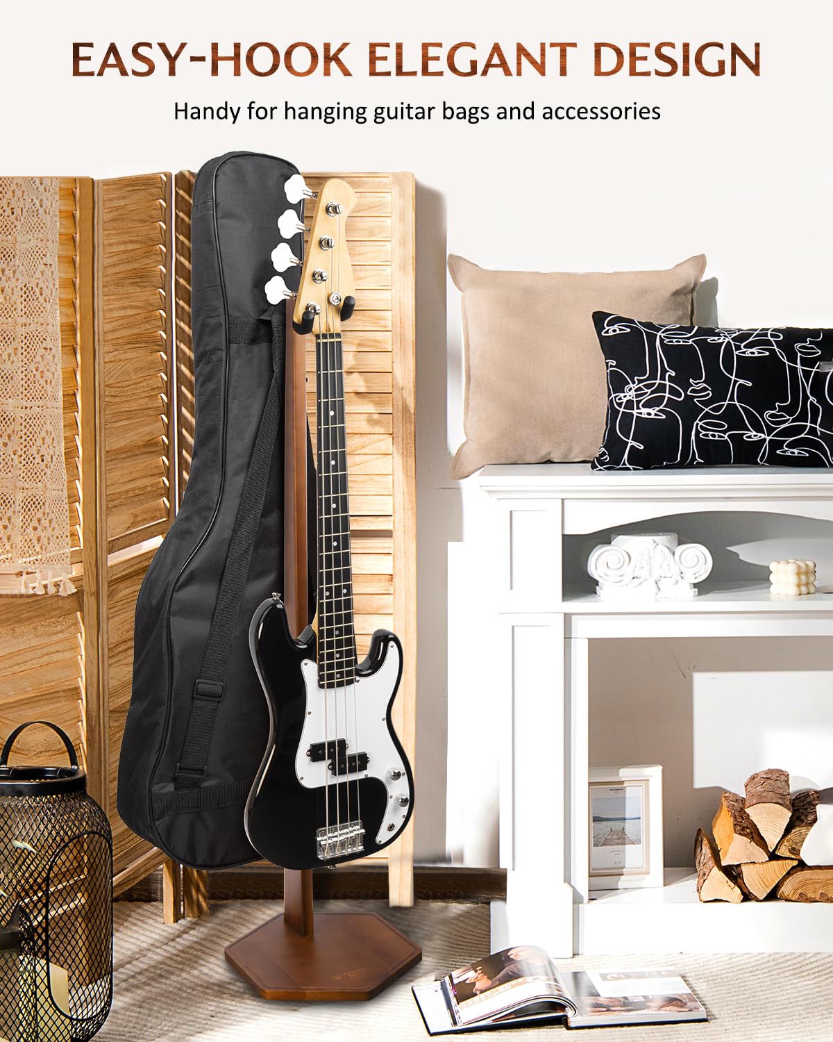 STRICH Soporte para bajo, expositor de guitarra de madera de 112 cm de altura, soporte para guitarra de nogal con gancho para el hogar y el estudio (FH-2, expositor para bajo)