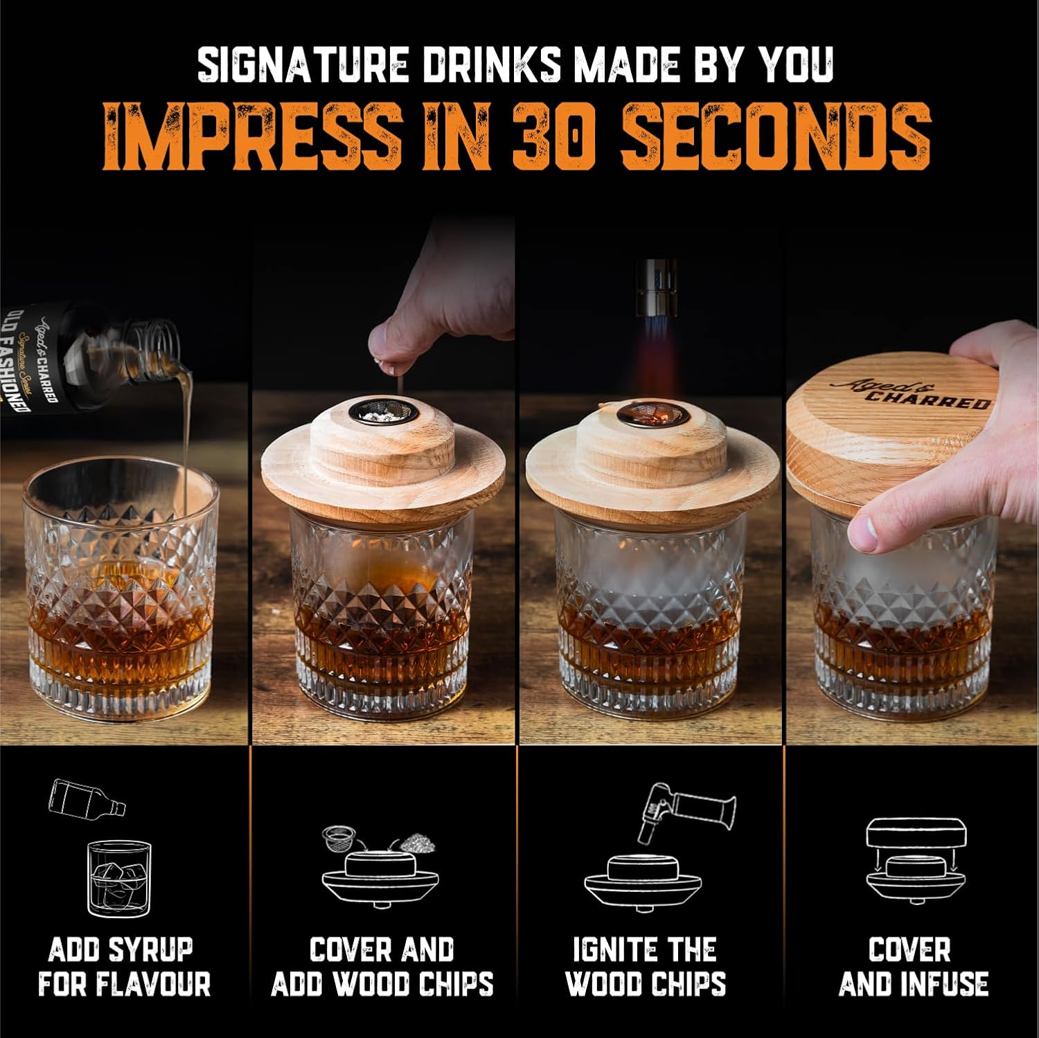 Whiskey Smoker Kit with Torch and Butane and Old Fashioned Syrup - 8 Flavors Wood Chips, 100% USA Oak, High-End Set - Old Fashioned Bourbon Cocktail Smoker Kit Gift for Men Dad - Image 5