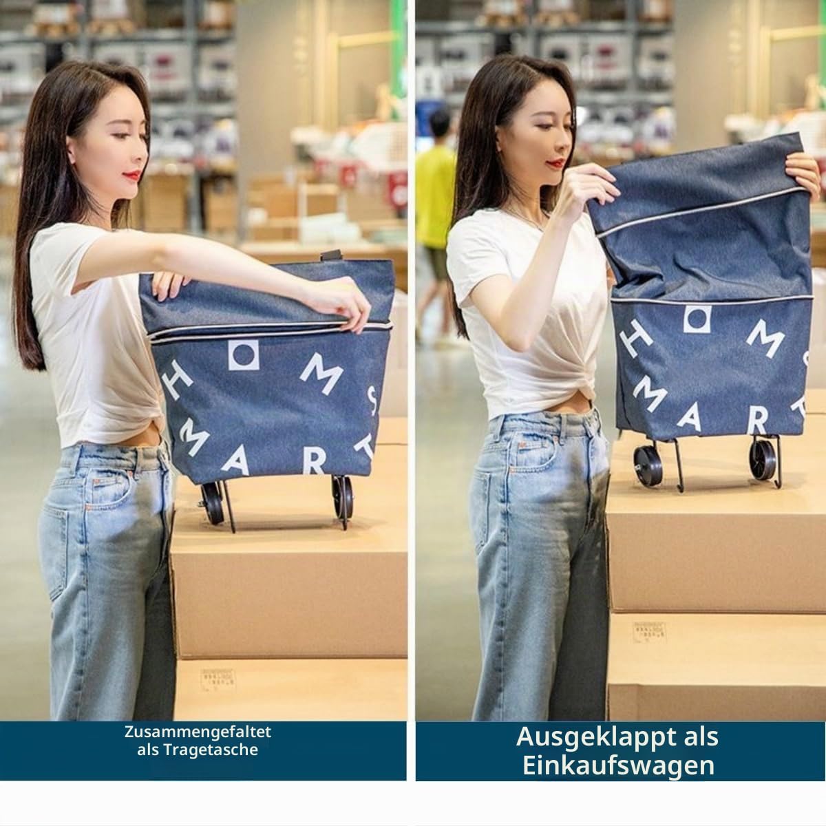 Faltbare Einkaufstasche mit Rollen, Expandierbare Tragbarer Einkaufstasche, Klappbarer Shopping Trolley, Wiederverwendbarer 2 in 1 Faltbarer Einkaufstrolley Groß