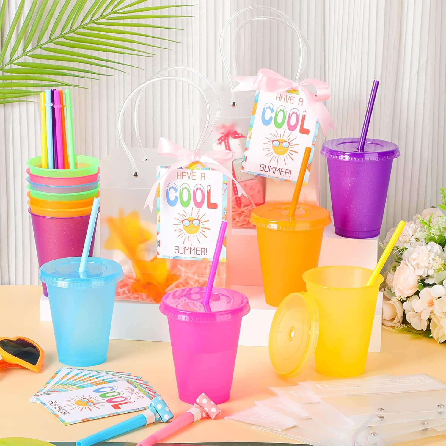 24 Sets End of The Year Student Gifts Bulk Pool Party Favors 16 oz Colorful Plastic Cups Tumblers with Lids Straws Gift Bags with Handles Summer Cards for Beach Party 6 Colors
