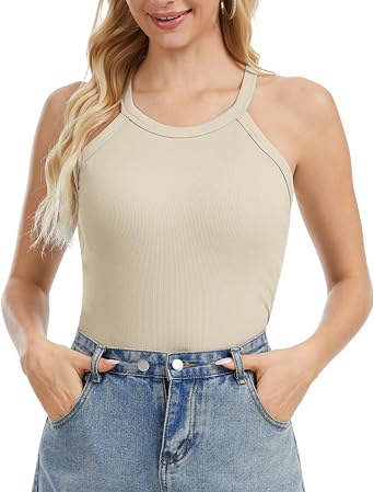 Rosyline Women Ribbed Tank Tops Built in Bra Summer Halter Tank Top Casual Loose Fit Undershirt Tank