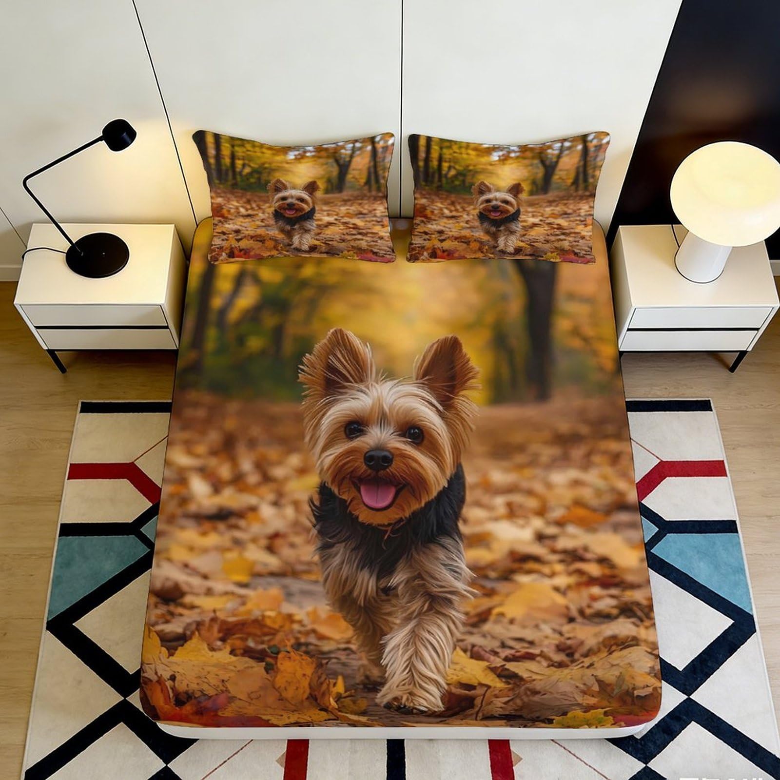 Jqzkxnhpbr Style-9 3D Printed Autumn Yorkshire Terrier Fitted Sheet Microfiber Soft Breathable Dog Forest Bed Cover Bedroom Decor 90X200x25cm