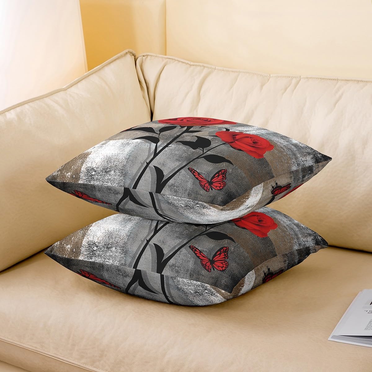 Ombre Watercolor Throw Pillow Covers for Girls Women,Blue Grey Oil Painting Pillow Covers,Rustic Rose Butterfly Floral Cushion Cases,Couples Anniversary Square Pillow Cases Office Decor,18x18 set of 4