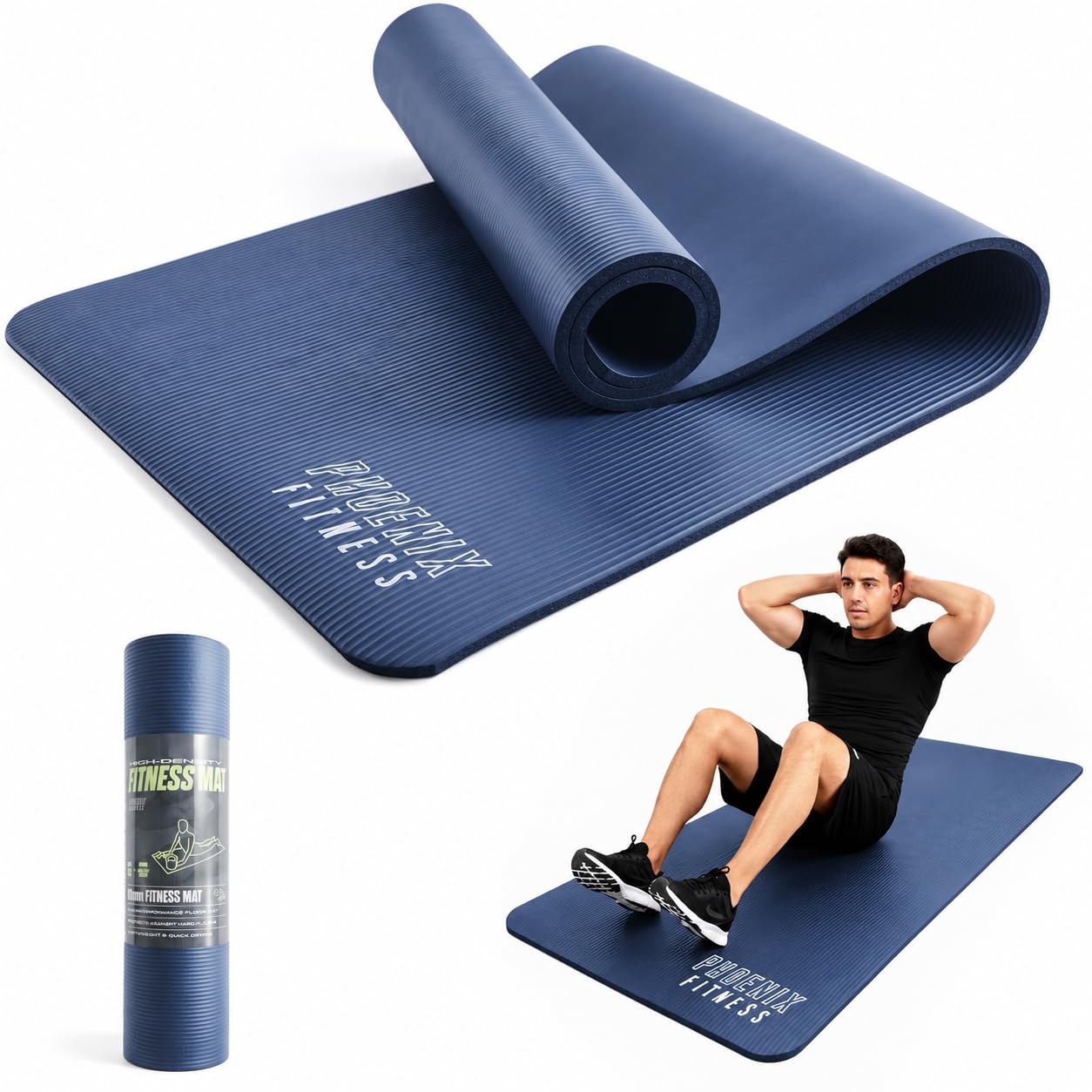Phoenix Fitness NBR Yoga Mat – 10mm Extra Thick, Non-Slip Exercise Mat for HIIT, Pilates & Fitness Training at Home & Gym | 183 x 61cm, Black, Pink, Navy or Sage (Navy)
