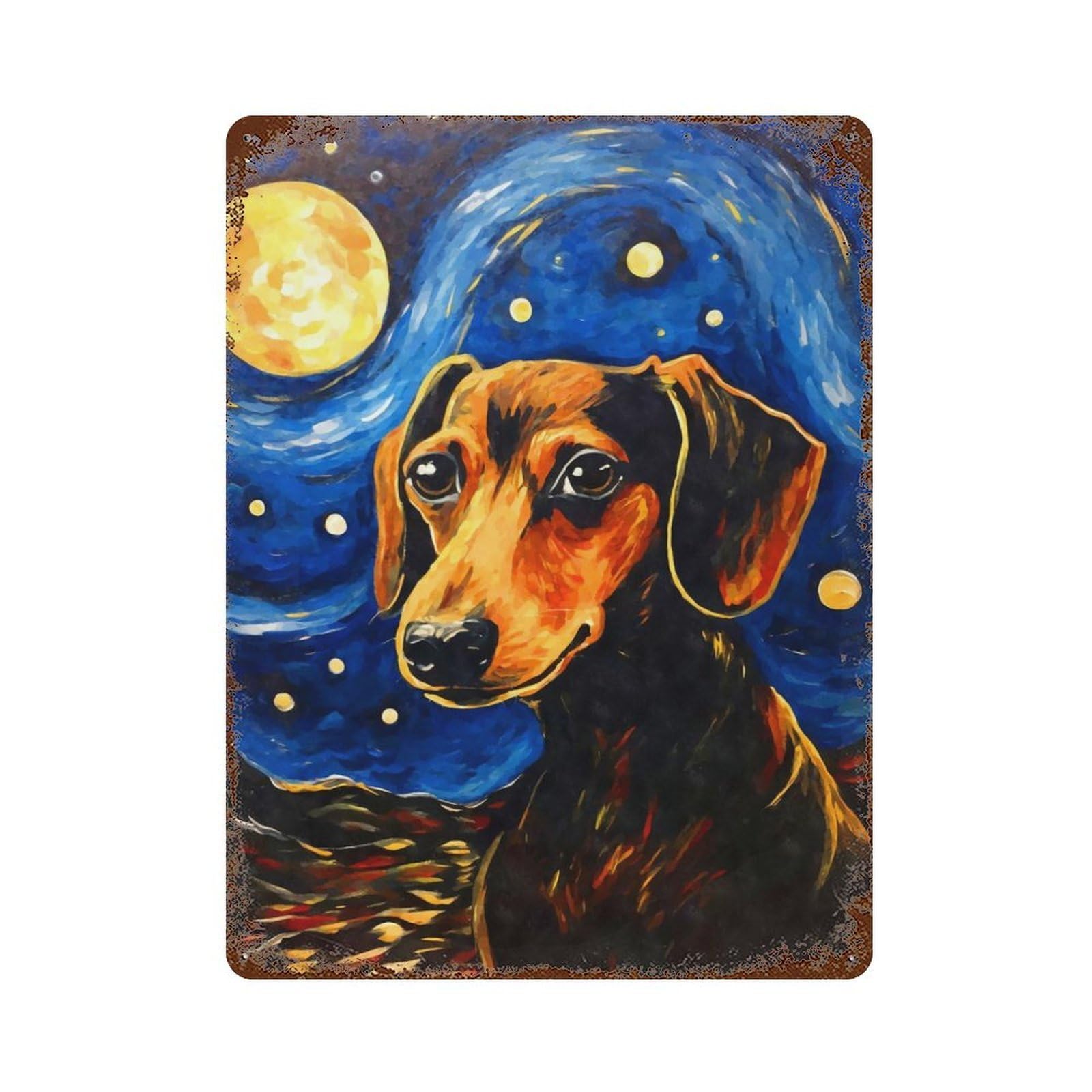 Aged Metal Wall Plaque with Dachshund Starry Night Design 15.7"x11.8", for Basement, Hobby Room And Garage Decor, Farmhouse Wall Decor