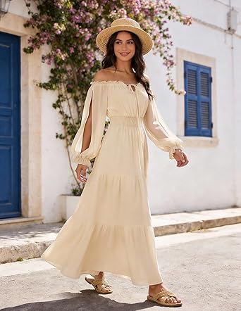 Scarlet Darkness Women Renaissance Off Shoulder Split Sleeve Smocked Waist Tiered Maxi Dress