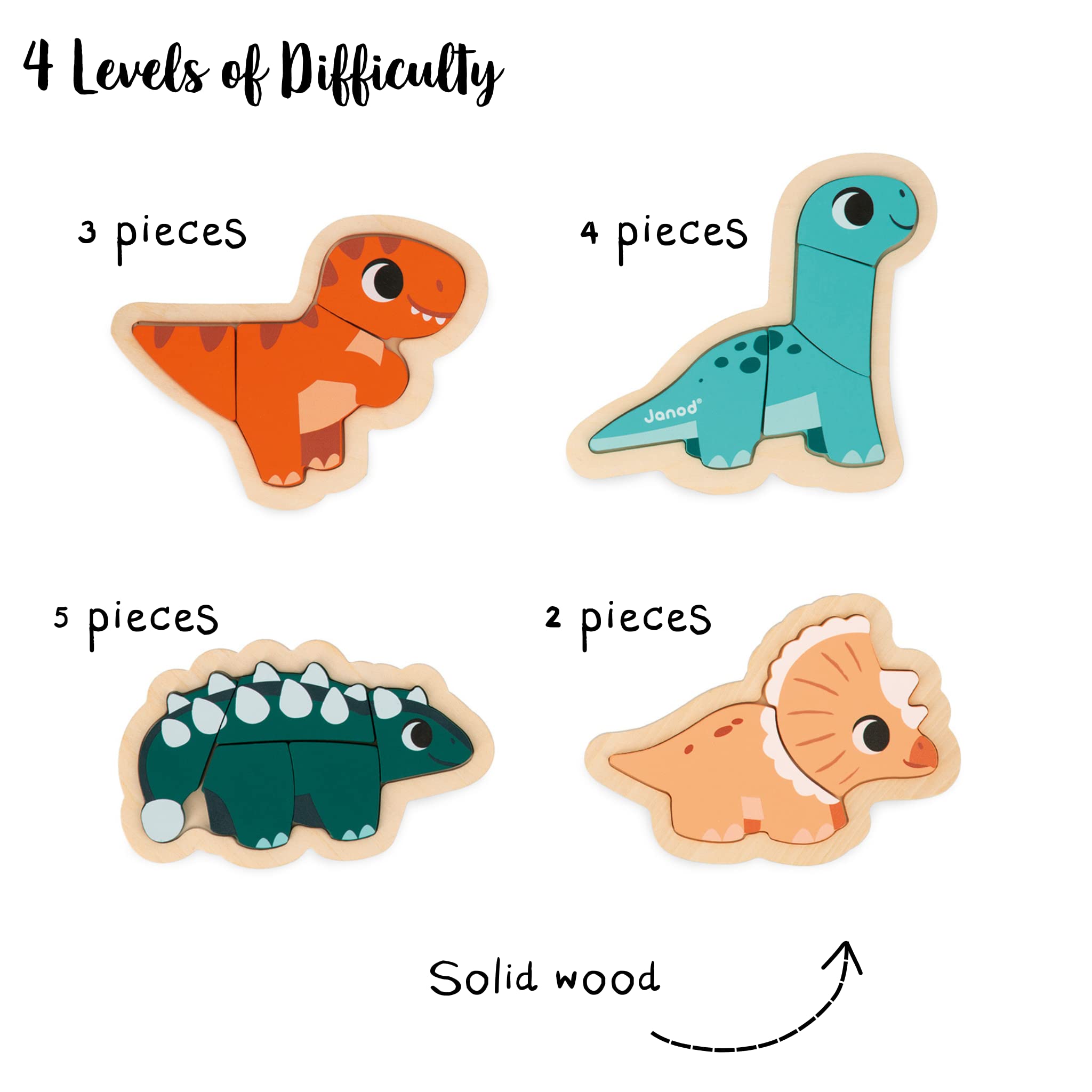 Amazon.com: Janod 4 FSC Wood Dinosaur Progressive Puzzles-2 to 5