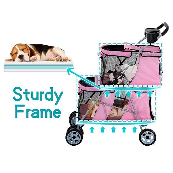 HHS Pet Strollers for 2 Dogs and Cats, Double 4 Wheel Doggie Small Medium Pets with Safety Belts Folding Portable Carriage Cart Storage Basket Travel Jogger, Pink, pinck, 30 x 19 40 Inch