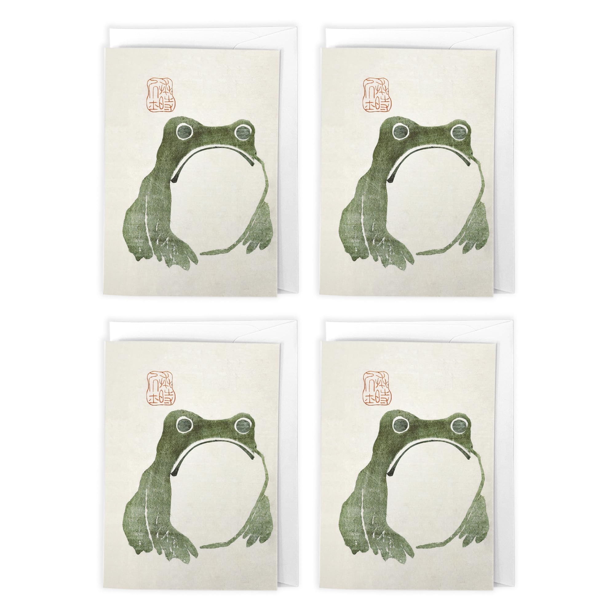 Hoji Grumpy Frog Japanese Style Art Cards Multipack of 4 Vintage Japan Greeting Cards For Any Occasion, Blank Inside For Your Message, A6 Size 10 x 15 cms