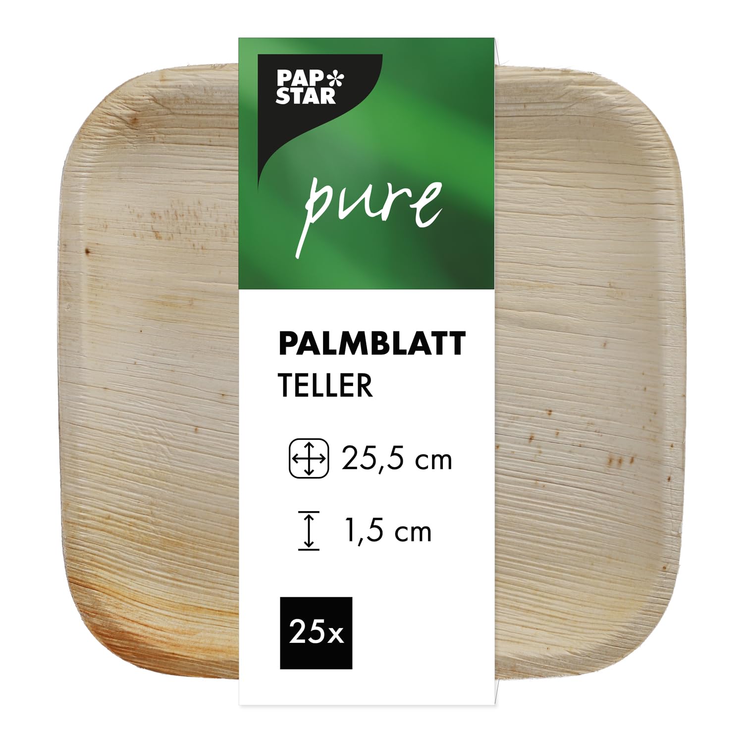 PAPSTAR 25 Plates, Palm Leaf Pure Square, 5 cm x .5 cm x 1.5 cm