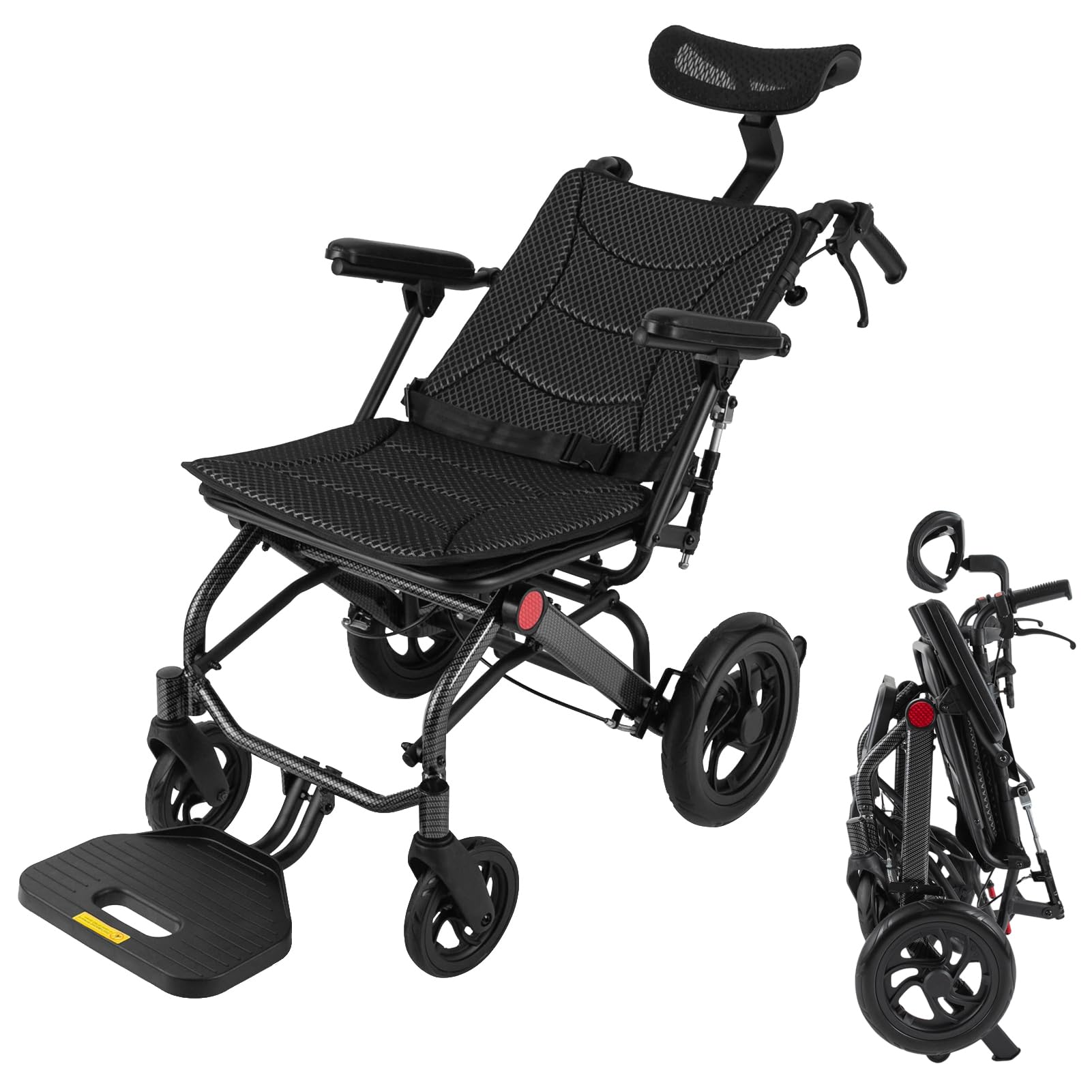 Silla de ruedas plegable de transporte, sillas de ruedas autopropulsadas, de aluminio con reposapiés y rango de ajuste del respaldo: 90° – 175°, silla de ruedas de viaje para adultos mayores, hasta