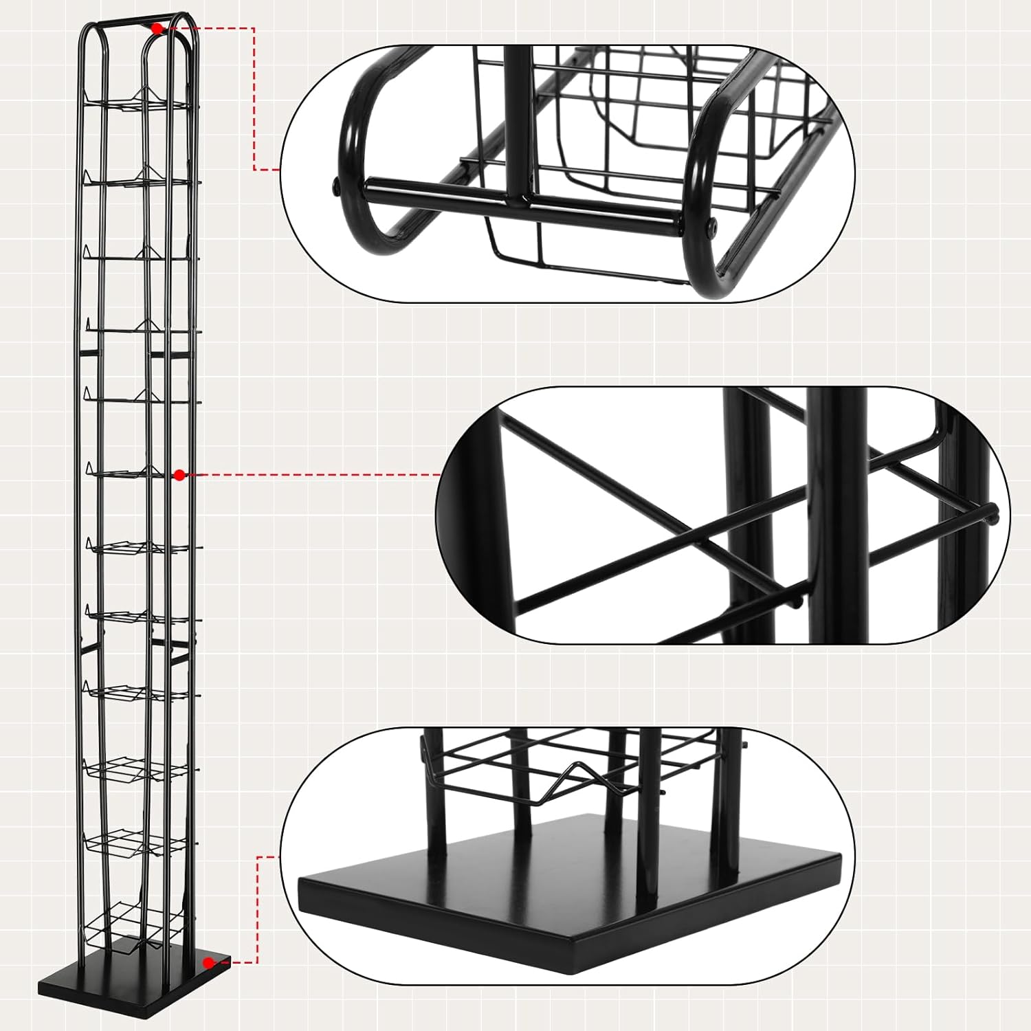 Tandefio 78" Black Floor Standing Hat Rack Tower 12 Tier Hat Display Rack Cap Organizer Metal Hats Stand Hats Wigs Holder for Cap Retail Display Storage Vertically