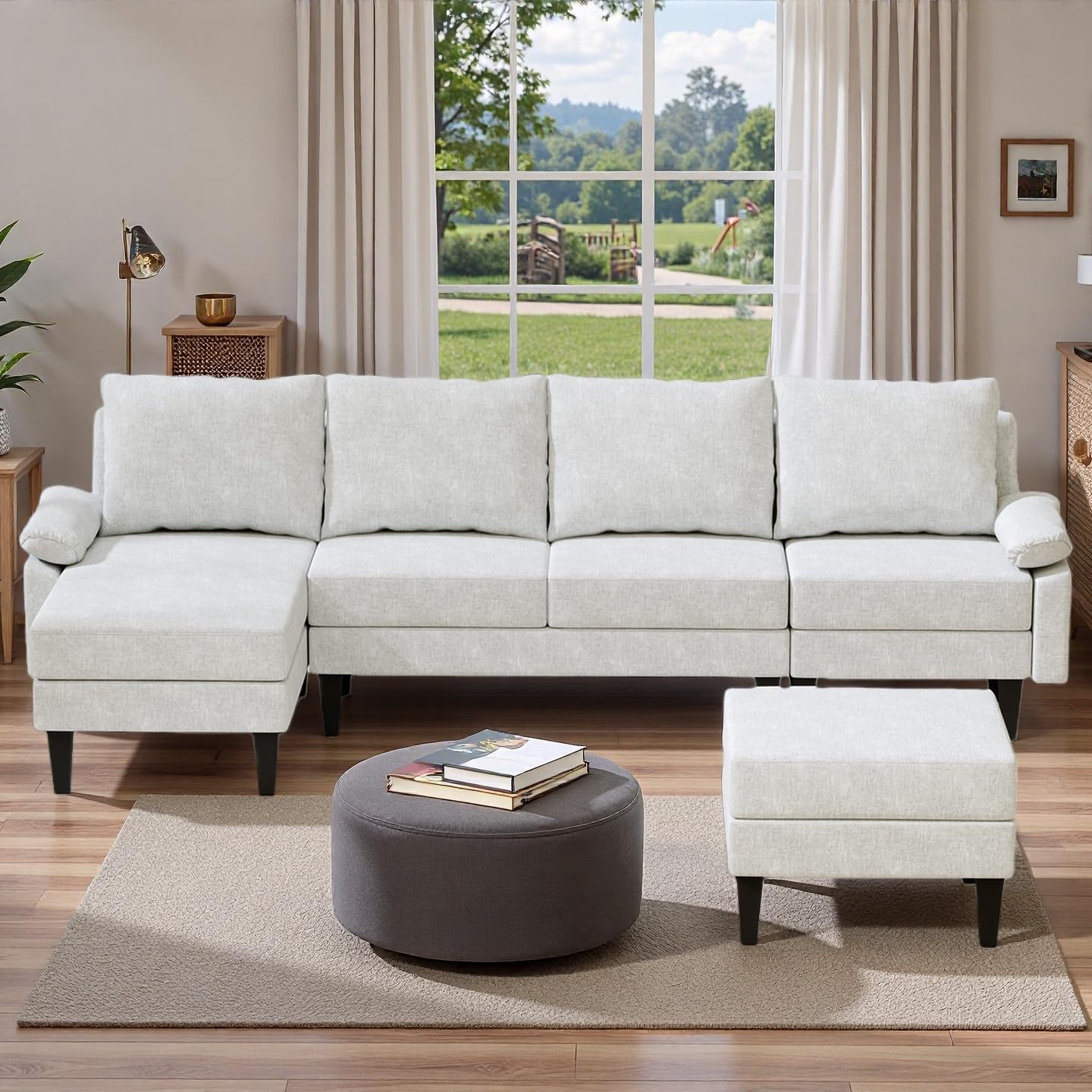 U-Shaped Sectional Couches for Living Room, Convertible 4 Seat Modular Sectional Sofa Set with Ottoman, Modern L Shaped Couch with Chaise for Bedroom Apartment and Office, Chenille White