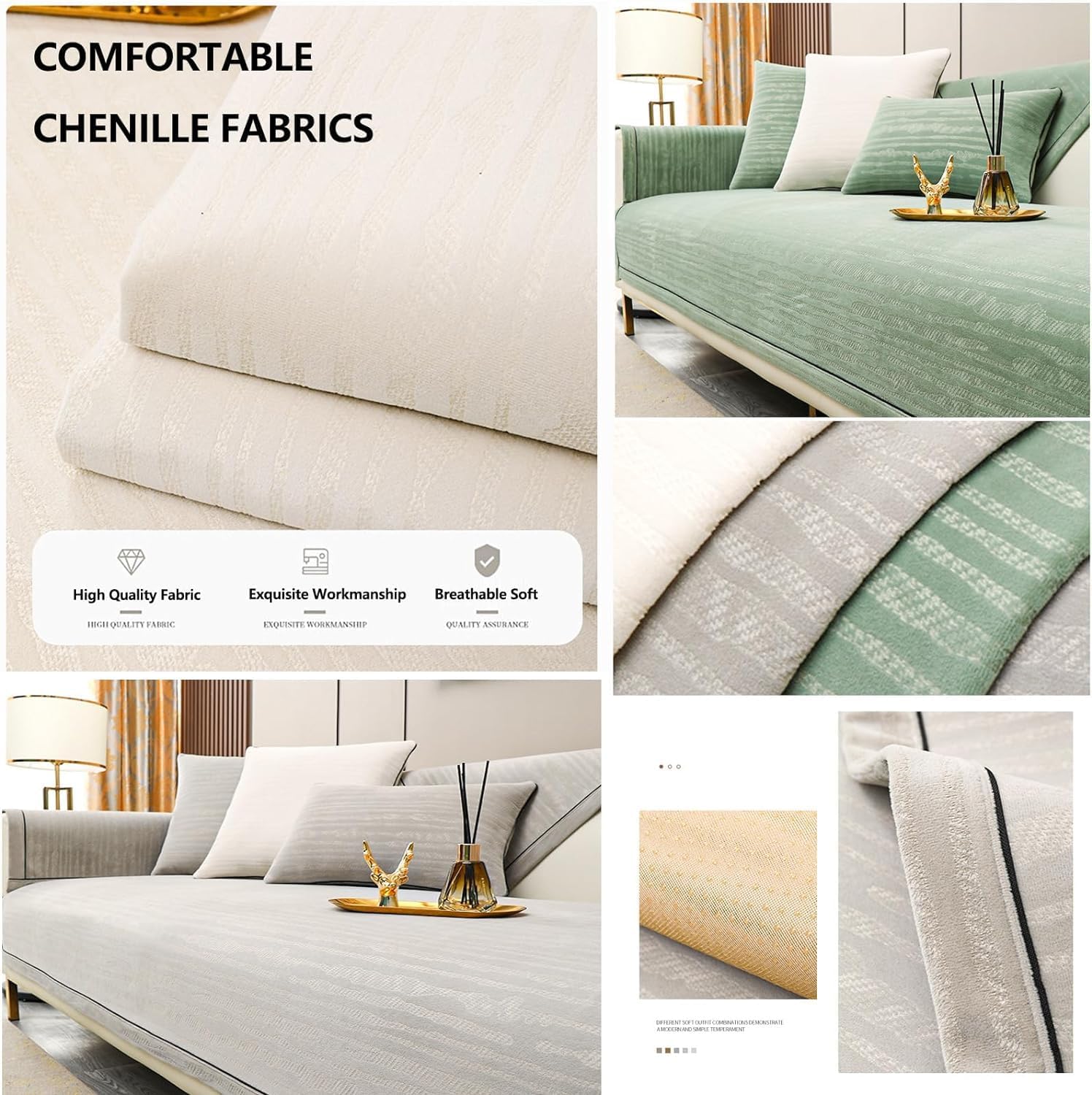 Wcxixo Sofa Covers for Sectional Sofa Set Non Slip, Couch Cover with Chaise Lounge 3 Seat, Chenille Jacquard Sofa Slipcovers Washable Stitching Widen Edges Design Fully Couch Protector