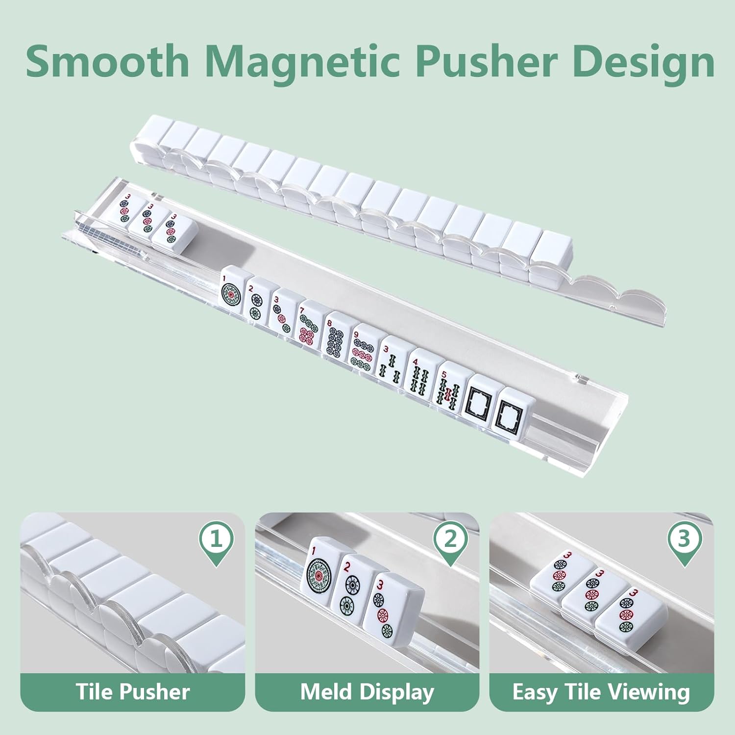 Clear Acrylic Mahjong Racks with Pushers - 17.5" Scalloped Clear Mahjong Tile Holders Set of 4, Premium All-in-One Magnetic Pusher Racks for American Mahjong, Durable Acrylic (Not Plastic)