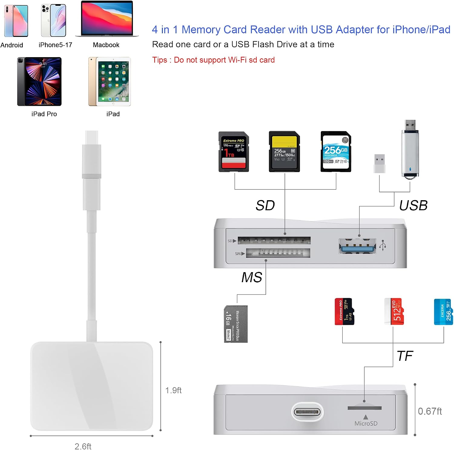 SD Card Reader for iPhone, Memory Card Reader with USB-C to Lightning Adapter Plug and Play Trail Game Camera Micro SD Card Viewer Support SD/TF/MS Card and USB Port for iPad Mac No App(White)