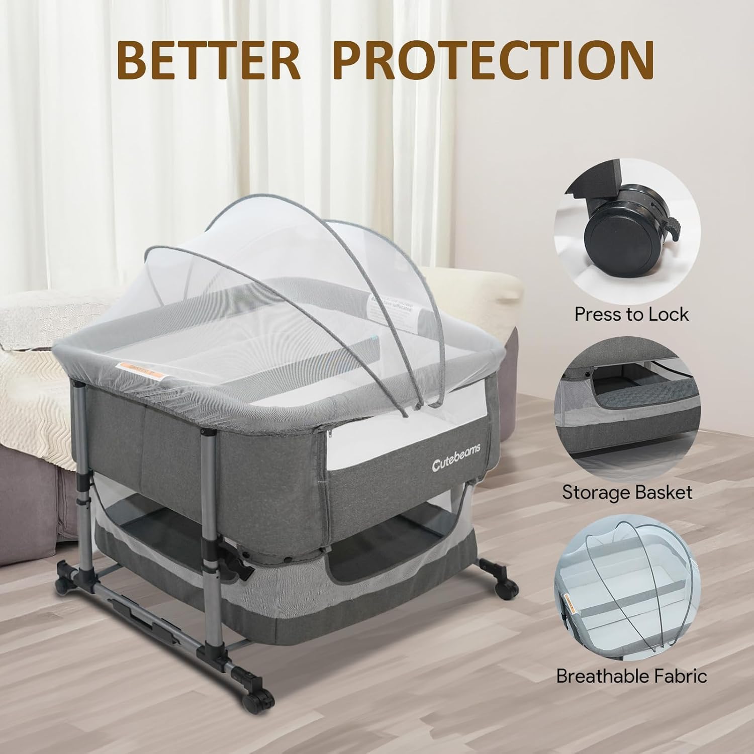 Twin Bassinet for 2 Babies with 2-Pack Waterproof Sheets and Hanging Diaper Organizer, Bedside Double Bassinet for Twins, Rocking Bassinet for Baby with Storage Basket, Includes Mattress