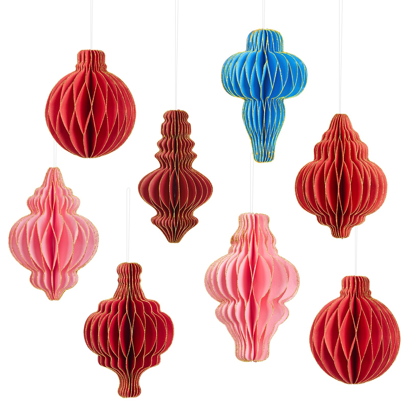 PAPER JAZZ 8 PCS Christmas Paper Honeycomb Ornaments – Hanging Paper Lanterns Paper Christmas Tree Decorations for Christmas Party Centerpieces,Vintage Paper Ornaments for Xmas & New Year Decor