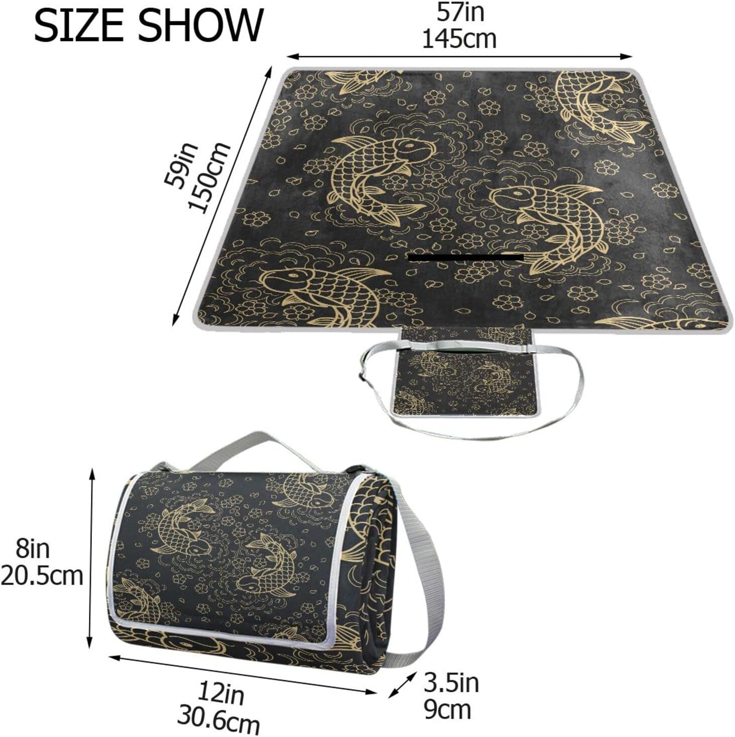 レジャーシート レジャーマット 厚手 アルミ 折り畳み 防水 コンパクト 大判 金魚 鯉 ブラック 黒色 花見 キャンプ 軽量 ピク