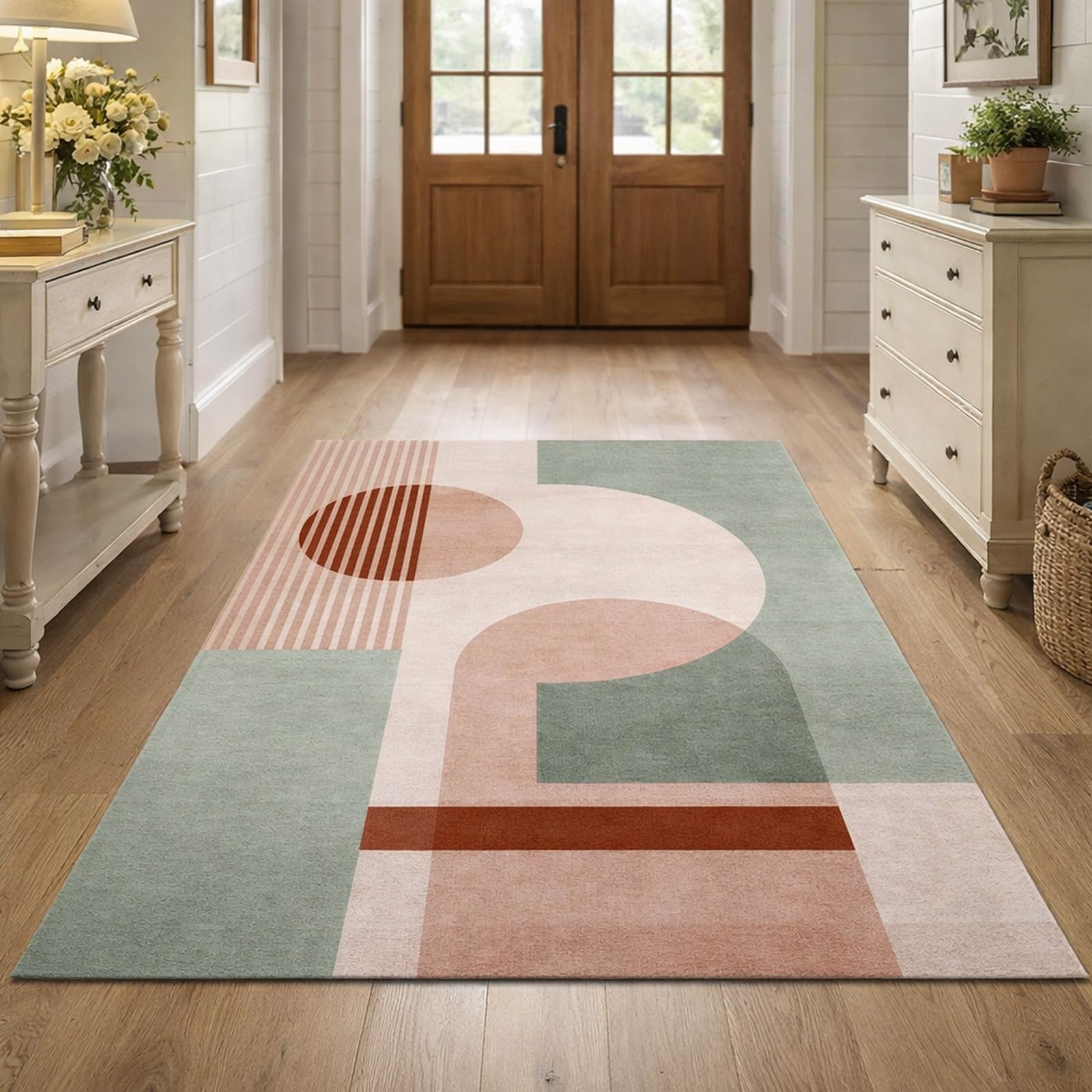Tapis de salon moderne en vert sauge et rouge géométrique chic