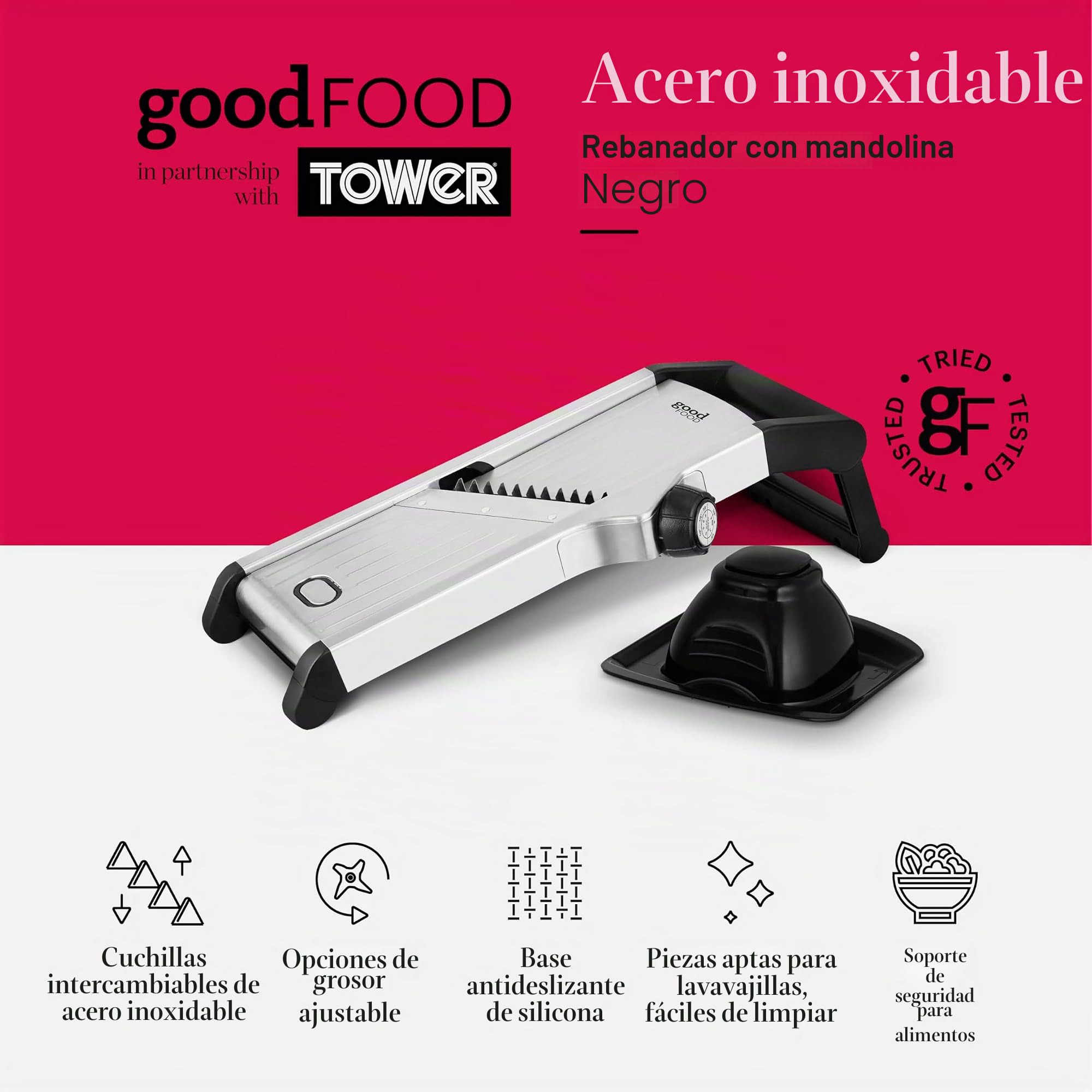 Good Food en asociación con Tower GF847073 - Mandolina de chef con cuchillas de acero inoxidable de precisión duraderas, ajustes ajustables y base antideslizante de silicona, acero inoxidable y negro