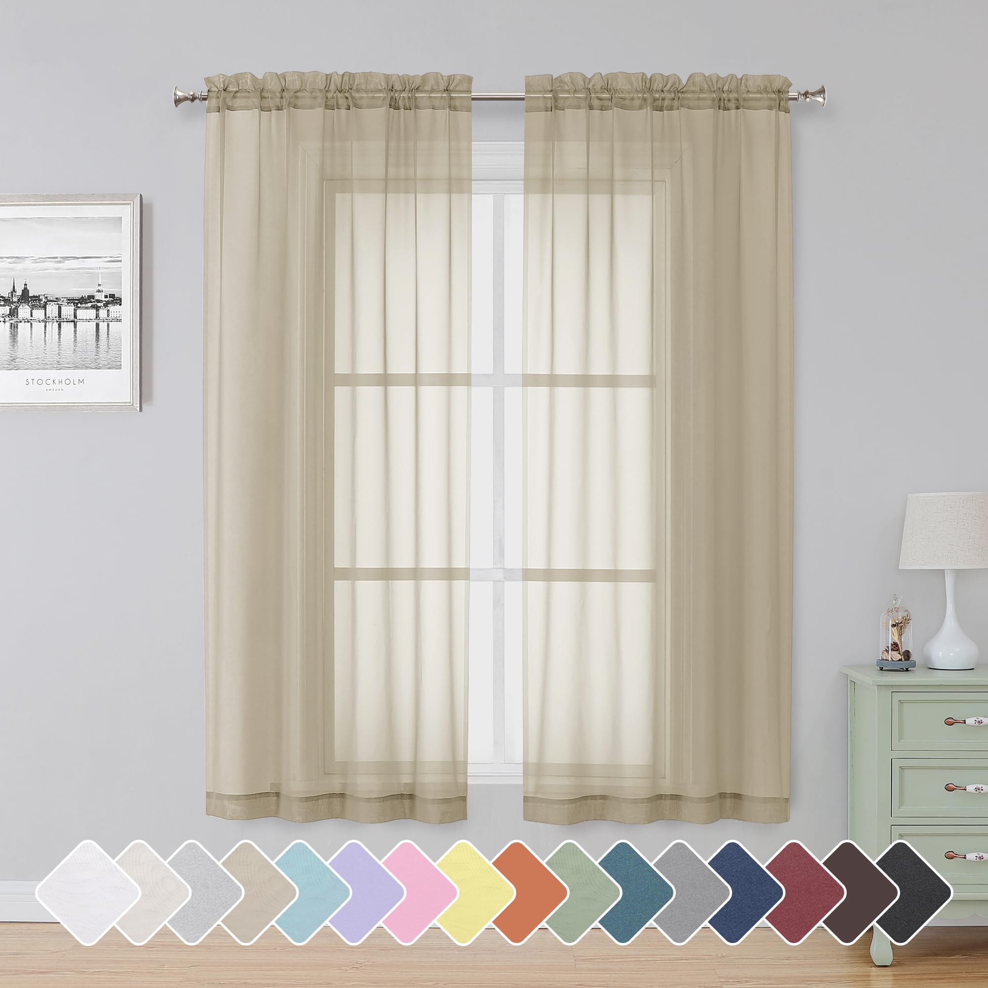 Simplebrand Taupe Sheer Curtains 63 Inch Length 2 Panels for Bedroom