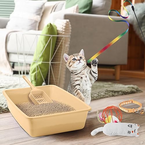 Miniatura 46 de Kit de iniciación de 7 piezas para gatos pequeños, caja de arena para gatos con alfombrilla de arena para patas de pala, cuencos dobles automáticos