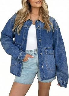 EVALESS Womens Oversized Jean Jacket Button Down Barn Jackets | Soft Denim Contrast Trim Fabric Barn Jackets, Trendy Boyfriend Jean Jacket Women, Cozy Western Outfit