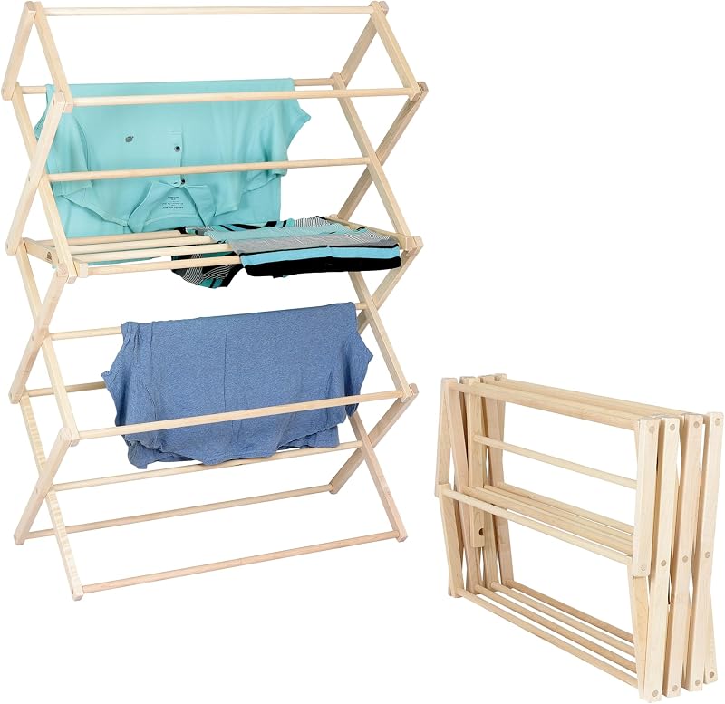 Tendedero para ropa: Tendedero de madera dura de arce macizo para suéteres, blusas, lencería y más, Tendedero plegable duradero, fabricado en EE. UU., No necesita ensamblaje, grande