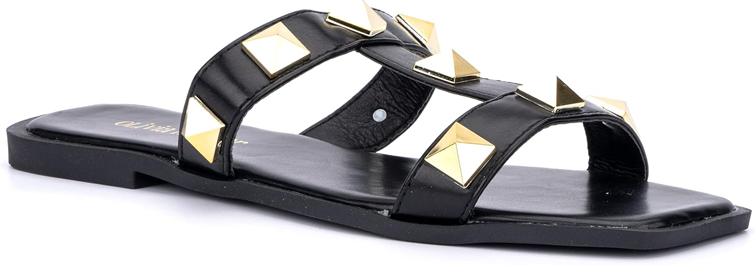 Olivia Miller Women’s Fashion Ladies Shoes, Black PU Vegan Leather w Studded Double Strap Dual Band Slip On Open Toe Trendy Casual Summer Slide Flat Sandals
