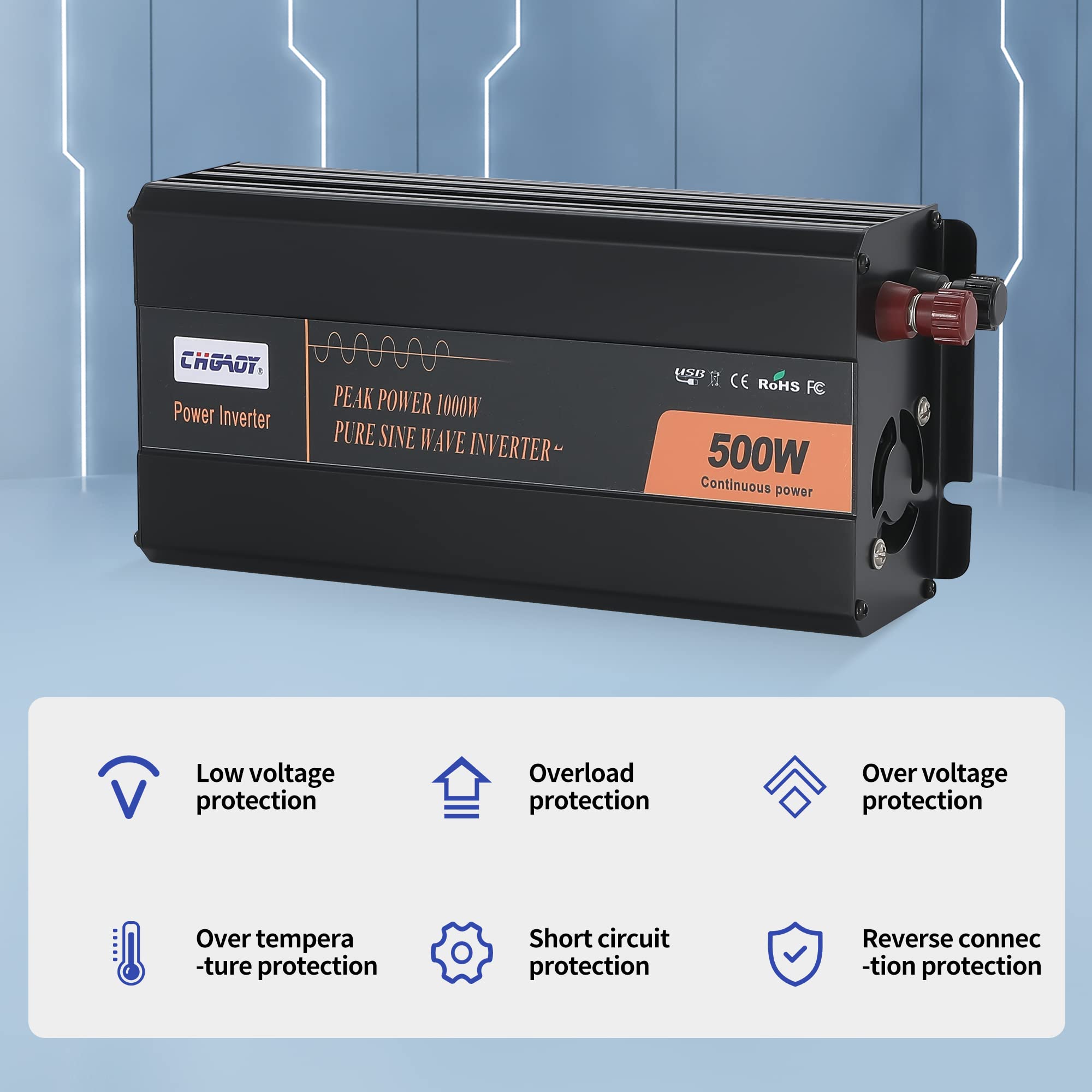CHGAOY Power Inverter 500W Pure Sine Wave Inverter for Vehicles DC 12V to 110V AC Car Inverter with Built-in 5V/3.6A USB Port for Home Travel Camping