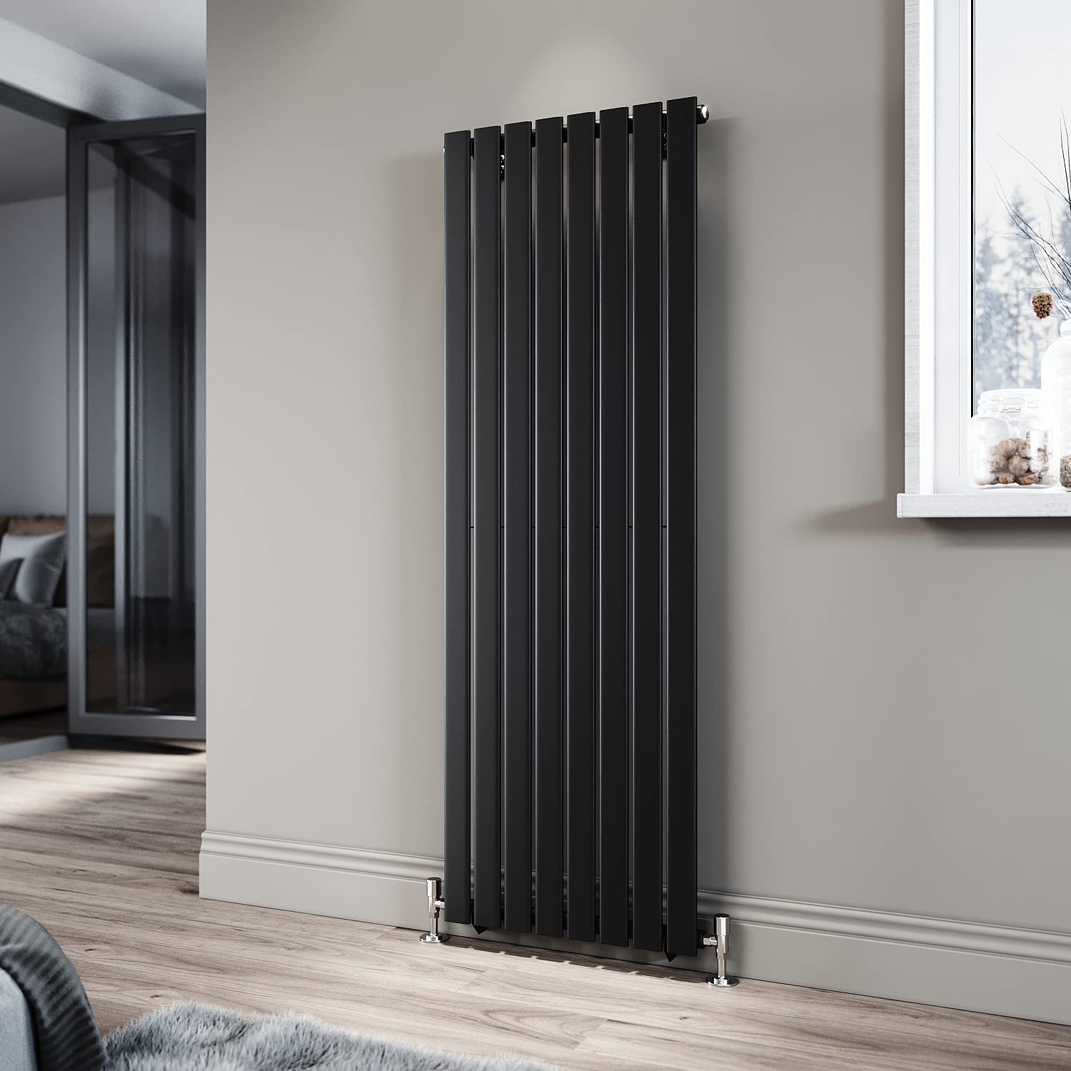 ELEGANT 1600 x 544 mm Black Vertical Radiator Tall Upright Single Flat Panel Radiator Modern Column Designer Central Heating Rad