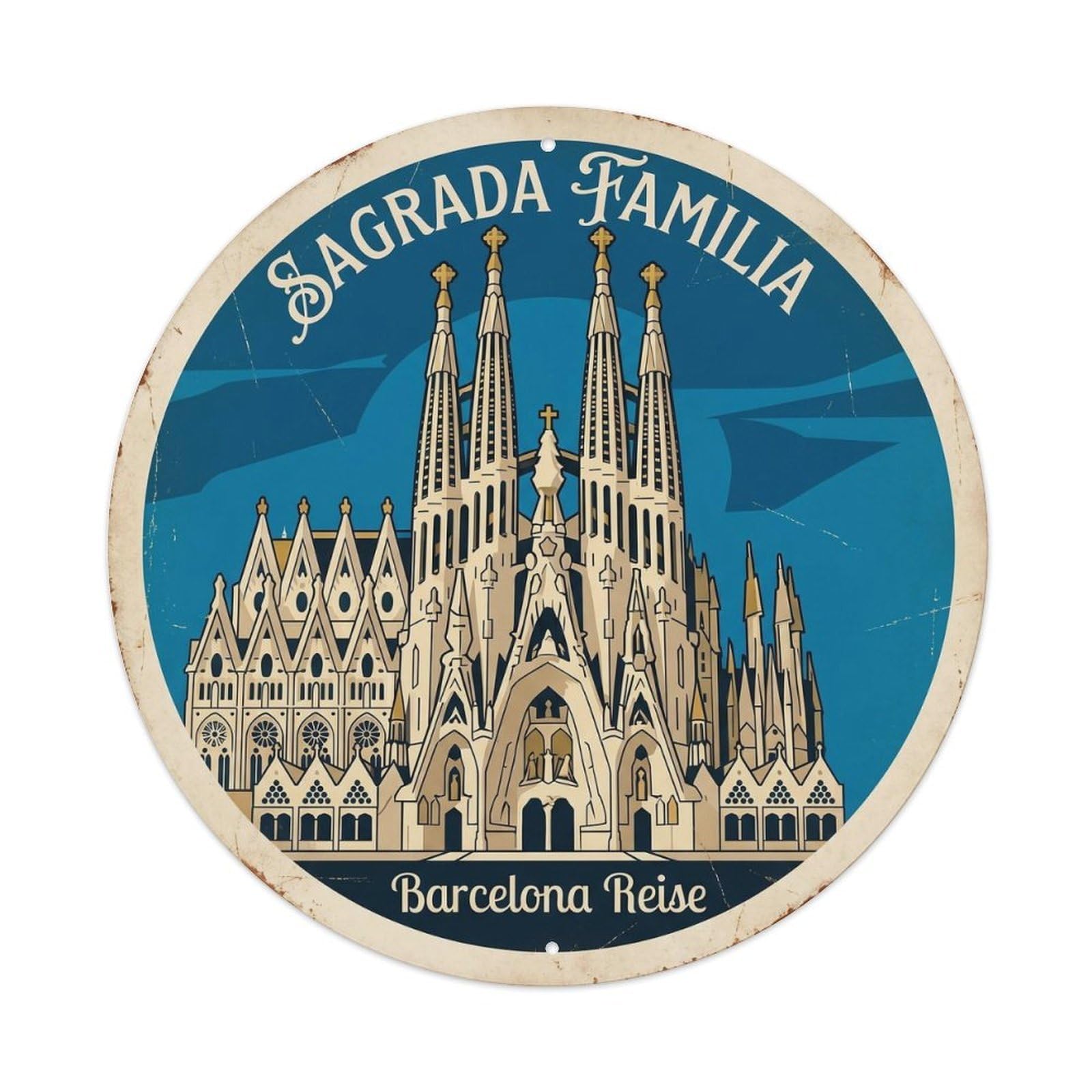 Barcelona Catalan Basilica Vintage Travel Landmark Heritage Metal Tin Sign Plaque Wall Decor for Cafe, Man Cave, Club Bar, Office, Home Garden Round Metal Poster 8x8Inch
