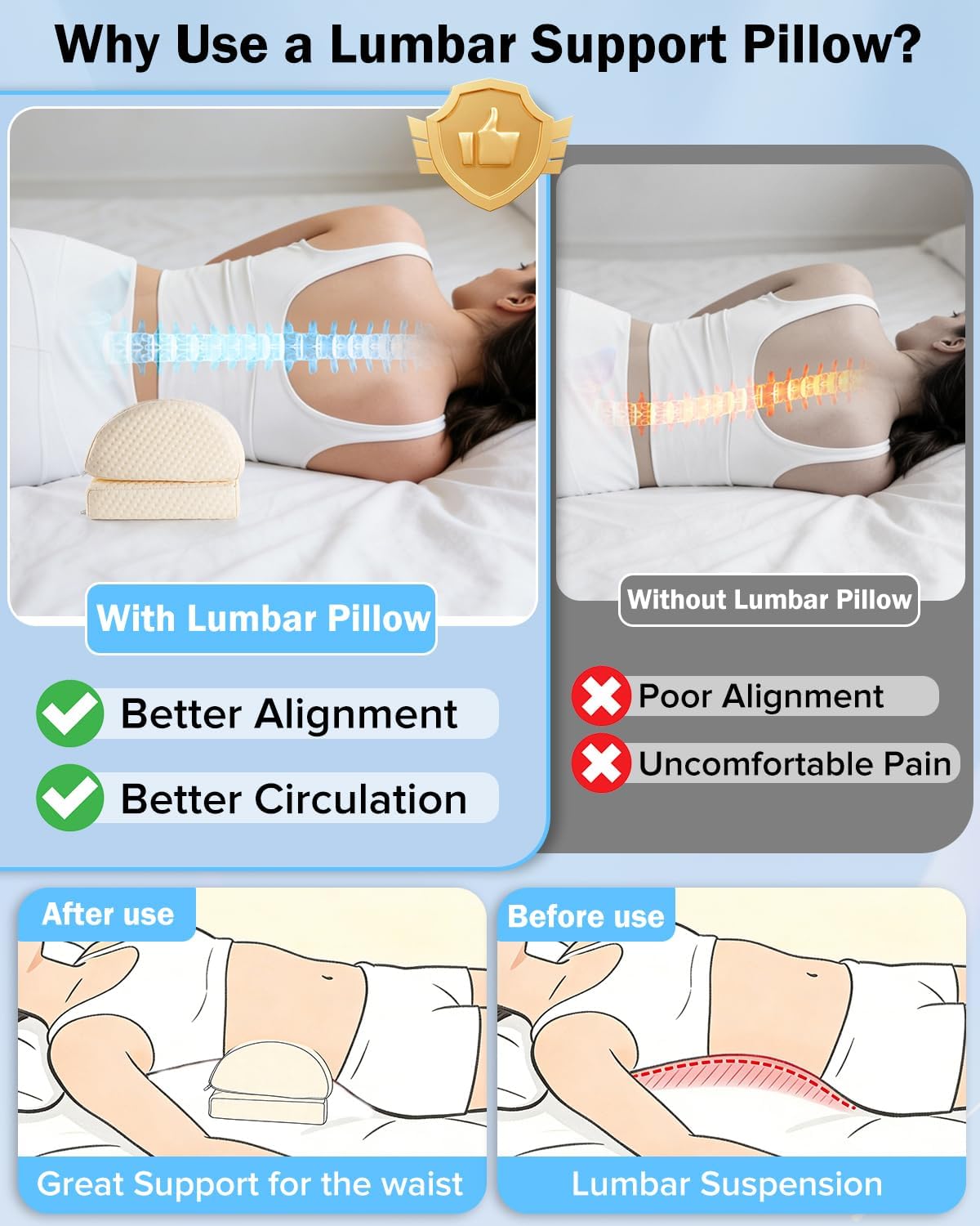 Lumbar Support Pillow for Bed for Back Pain Relief, Adjustable Lower Back Pillow for Sleeping, Memory Foam Back Support Pillow for Side & Back Sleepers, Washable Cover