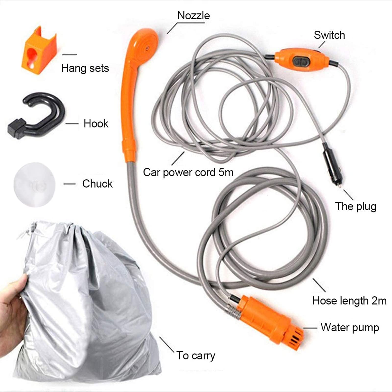 FTVOGUE Kit de Ducha Portátil para Acampar DC12V 24V Potencia del Vehículo 3.5LMin Salida de Agua con Presión Ajustable Interruptor a Prueba de Agua para Acampar Al Aire Libre Lavado de