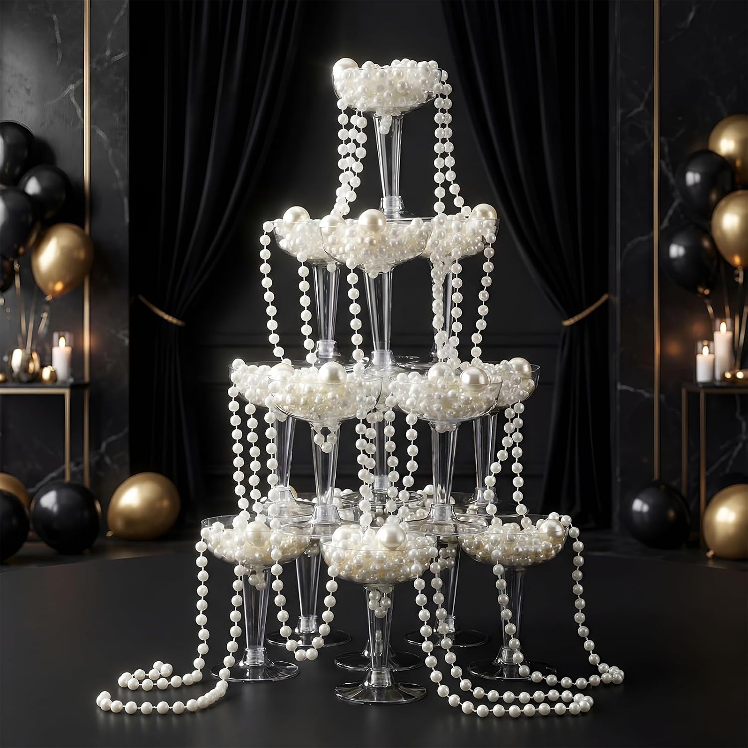 Yungyan 14 Pcs Plastic Martini Glasses for Champagne Tower, Pearl Champagne Flutes, Shatterproof 5 oz Cocktail Glasses with 400 Pearl Beads & 15 M Chain for Wedding Bachelorette Birthday Bridal Shower