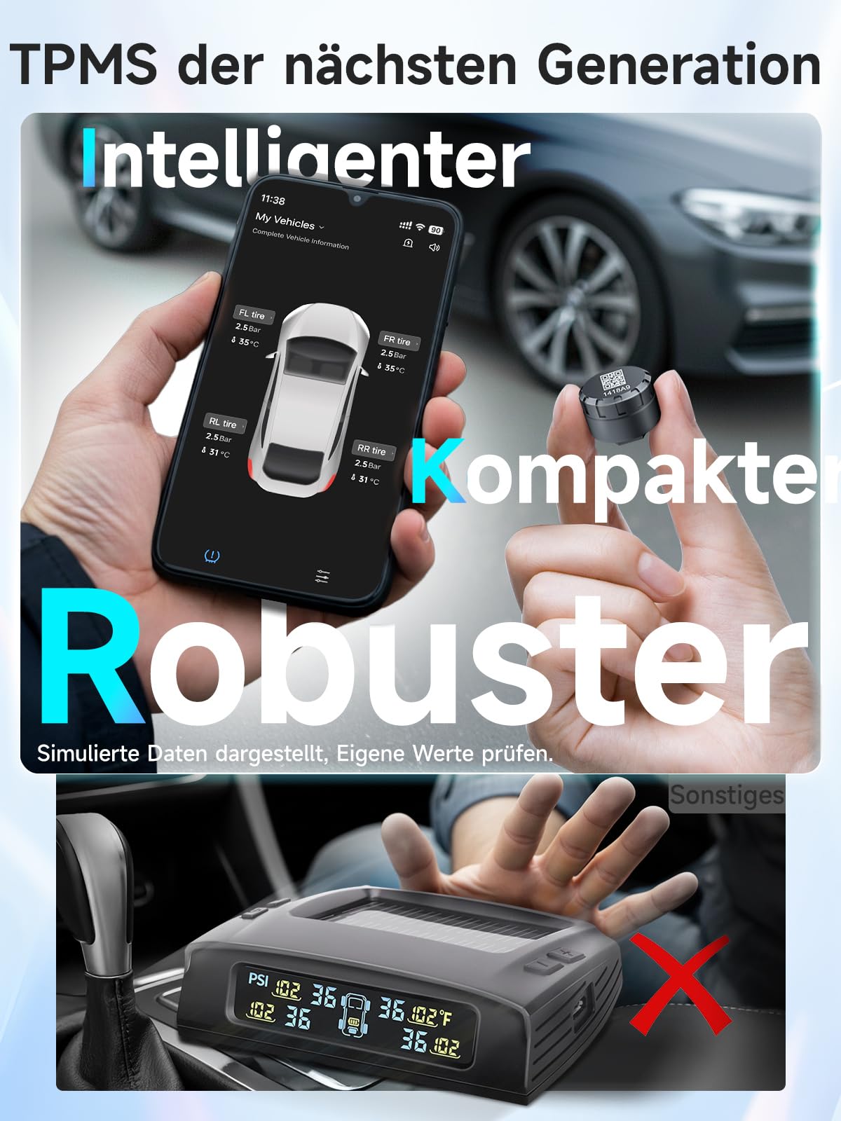 Moman Motorrad TPMS 4 Sensoren Reifendruck-Kontrollsystem mit App, Reifendruck & Temperatur Monitor mit Alarmfunktion, Nur iOS & Android Kompatibel