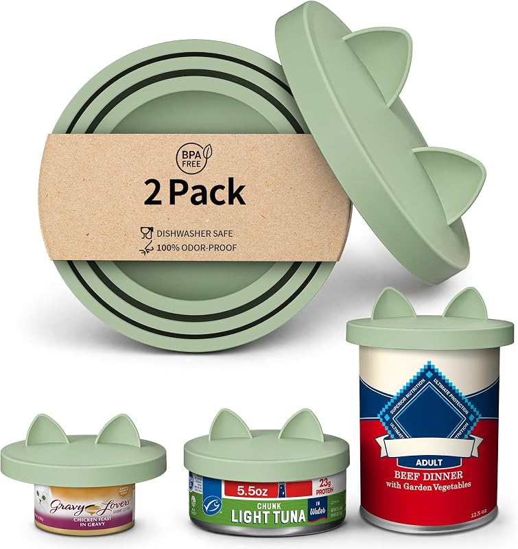 Tampas de Silicone para Latas de Ração Úmida para Gatos OHMO Verde-Sálvia, Pacote com 2