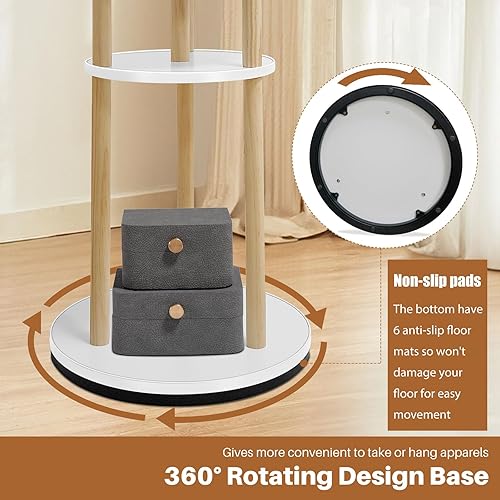 Miniatura 4 de LIWSHWZ Perchero giratorio independiente, de madera maciza, con 3 estantes y 9 ganchos, resistente y fácil de montar, soporte de árbol para entrada,