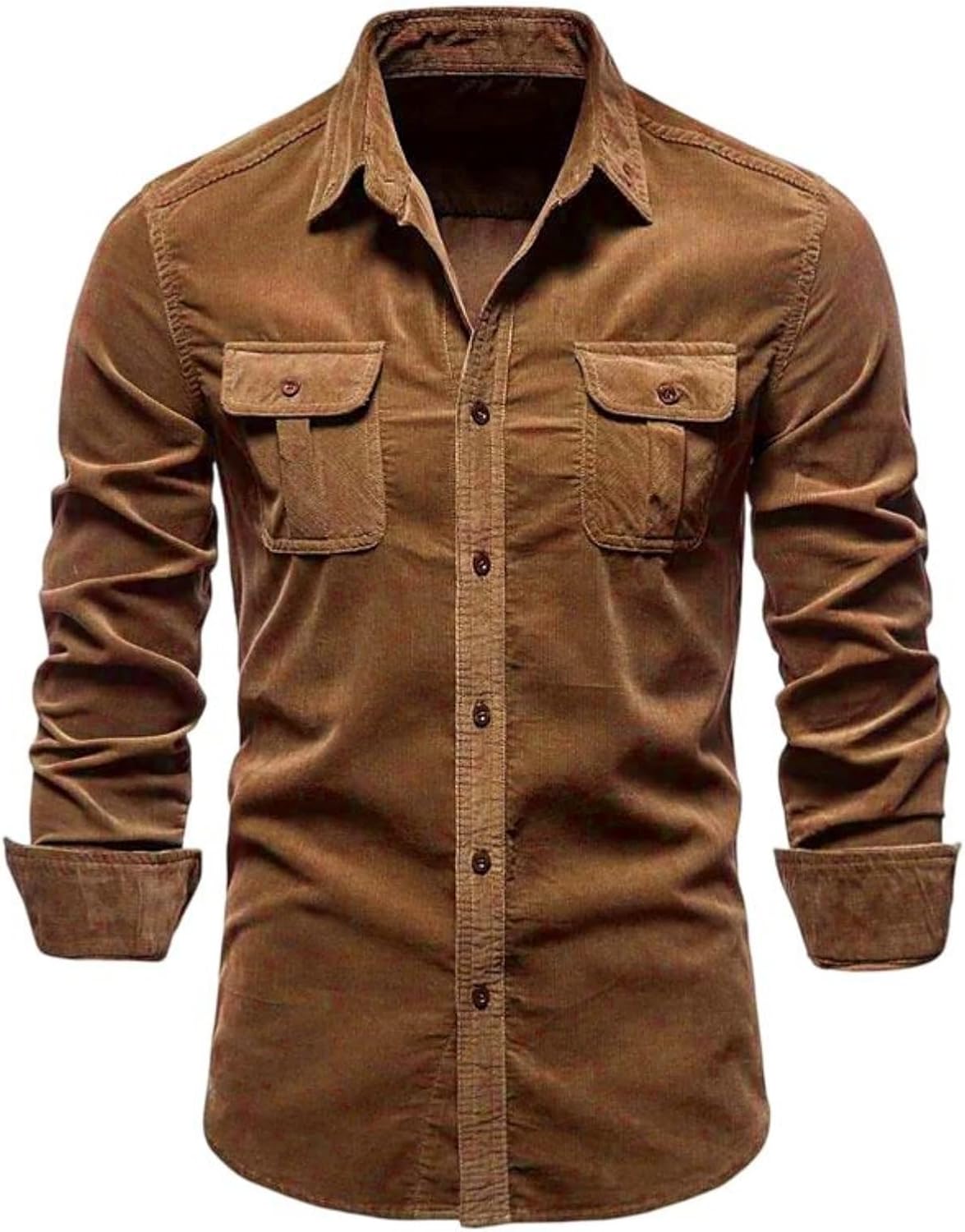 Men's Corduroy Striped Japanese Style Long Sleeve Shirt Slim Fit Wrinkle Resistant Stretch