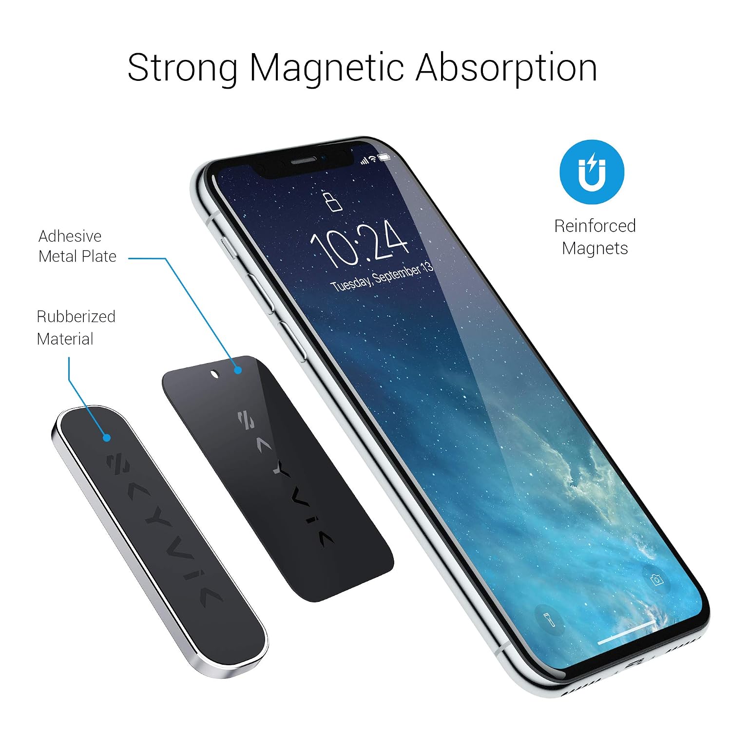 Diagram showing the components of the magnetic mount: an adhesive metal plate, rubberized material, and reinforced magnets, with a smartphone attached.