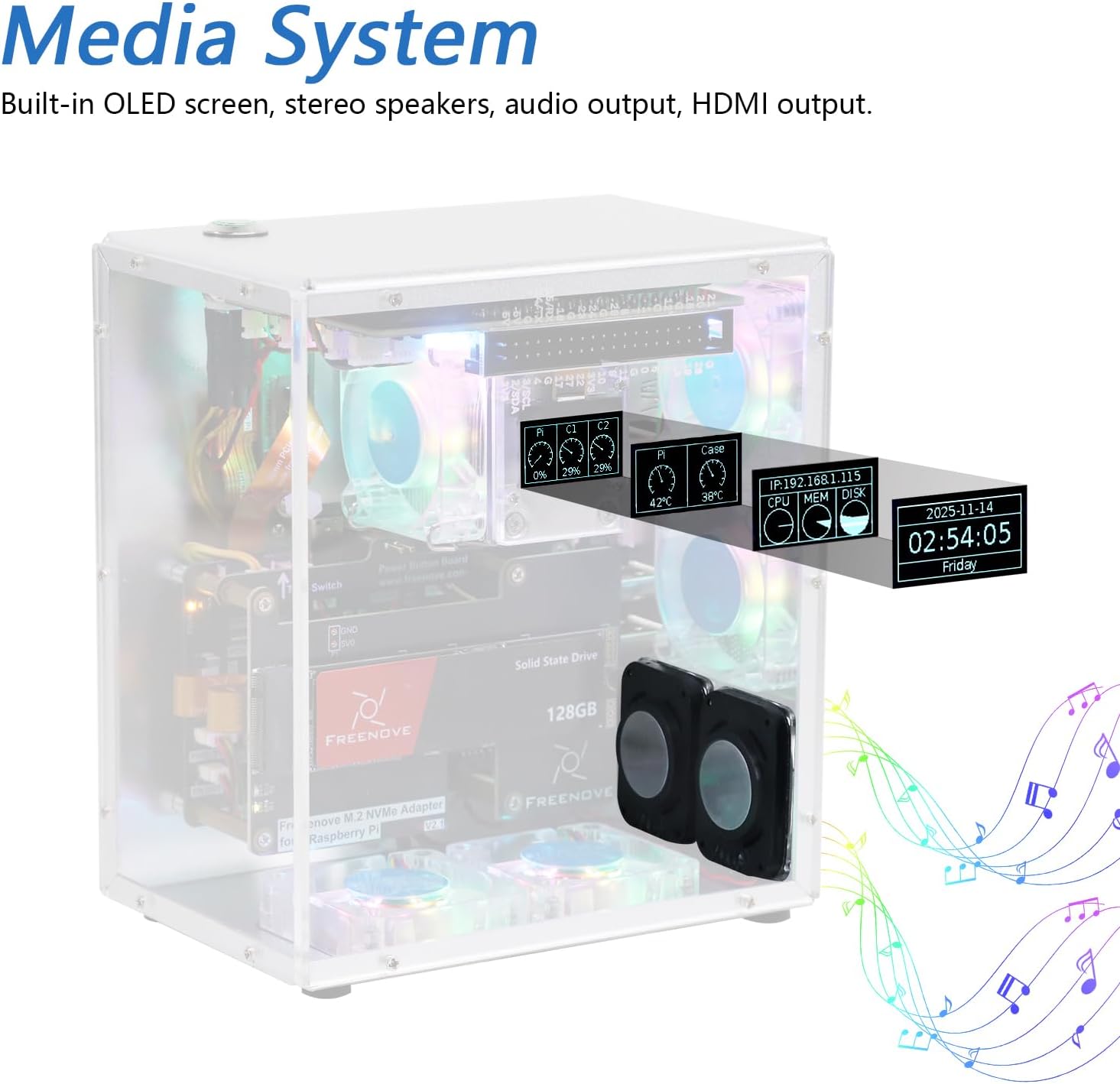 Freenove Raspberry Pi 5 PC Case Kit, M.2 NVMe SSD Slot, 5 PWM ARGB Fans Light Sync, CPU Tower Cooler, 0.96" OLED Screen, Stereo Speakers, 3.5 mm Audio (SSD NOT Included)