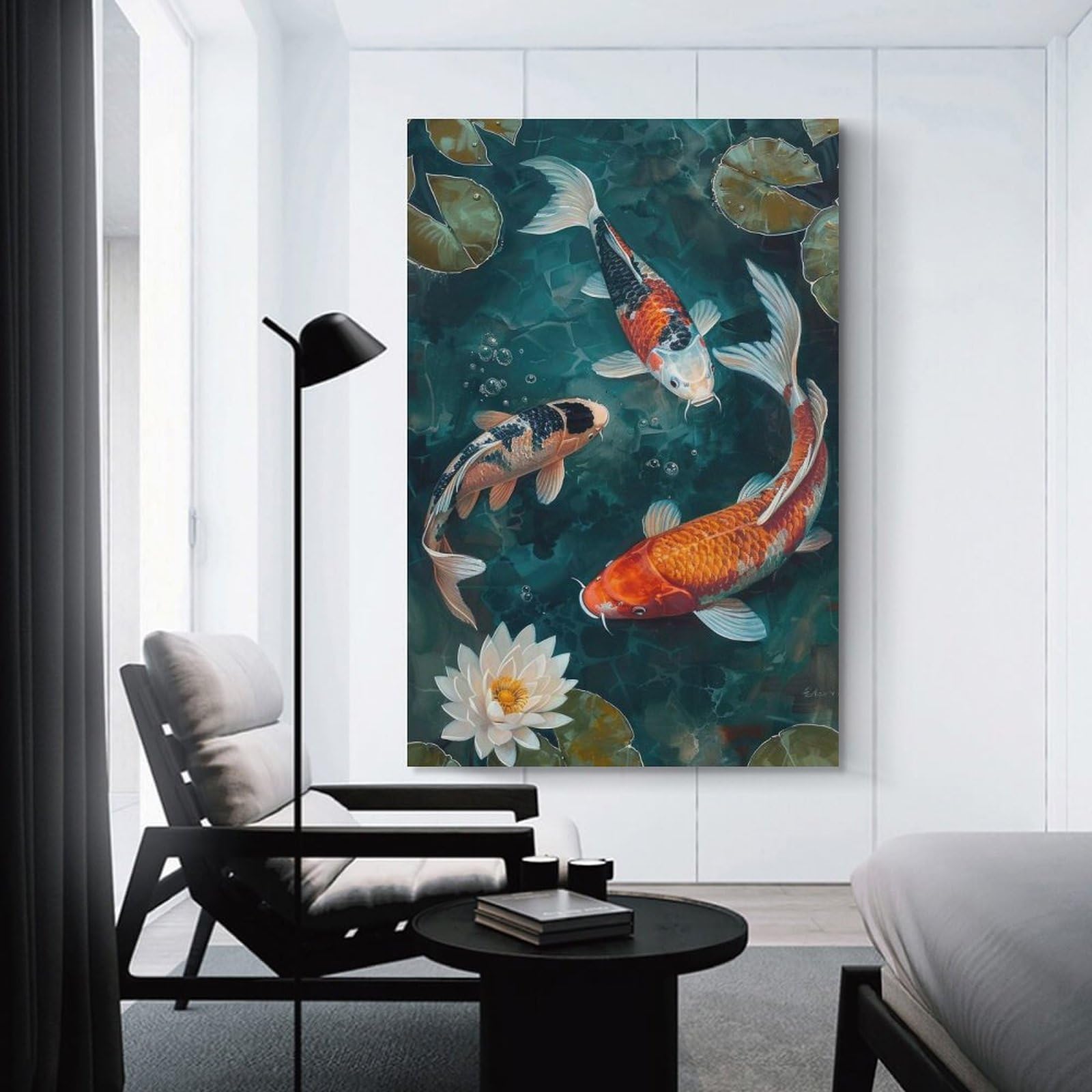Junmoney Koi Fish Pond Painting Wall Art Print, 20x30inch(50x75cm), for Bedroom Walls, Guest Spaces Or Lounges, Home Artwork with A Soft Interior Feel