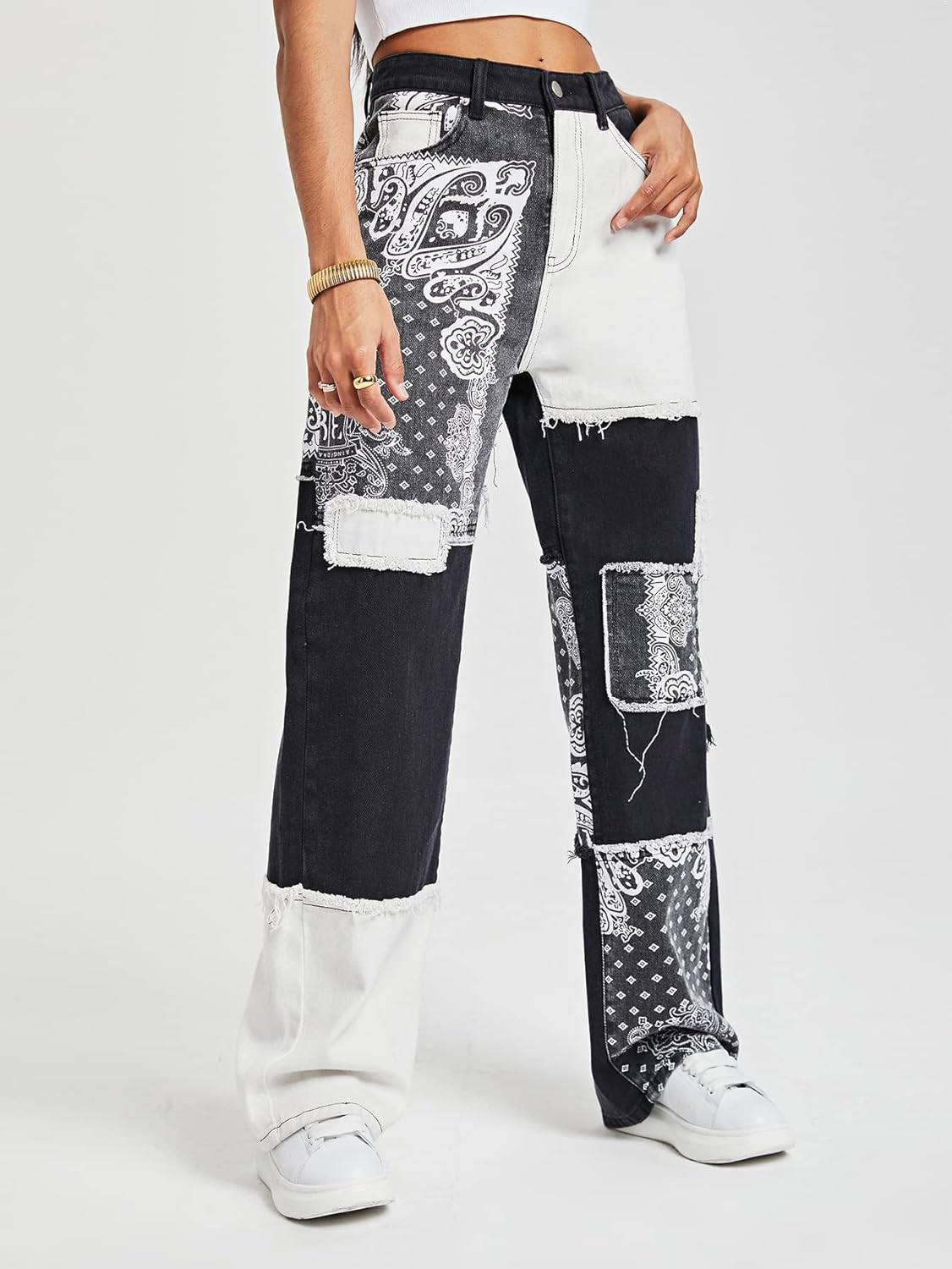 WDIRARA Women's Cow Print Ripped Jeans High Waisted Button Skinny Denim Pants - Image 2