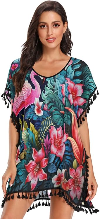 Floral Artwork Flamingo Womens Beach Cover Up Chiffon Tassel Swimwear Swimsuit Coverups for Girl