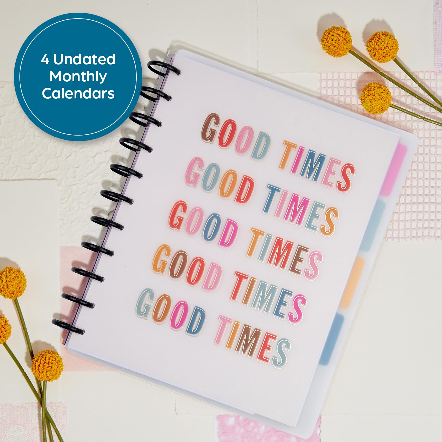Happy Planner Plan + Planificador mensual de notas y cuaderno rayado, planificador de 12 meses sin fecha, 95 hojas con 4 separadores y 12 hojas de calcomanías, tema mágico bueno, tamaño grande, 8.5 x
