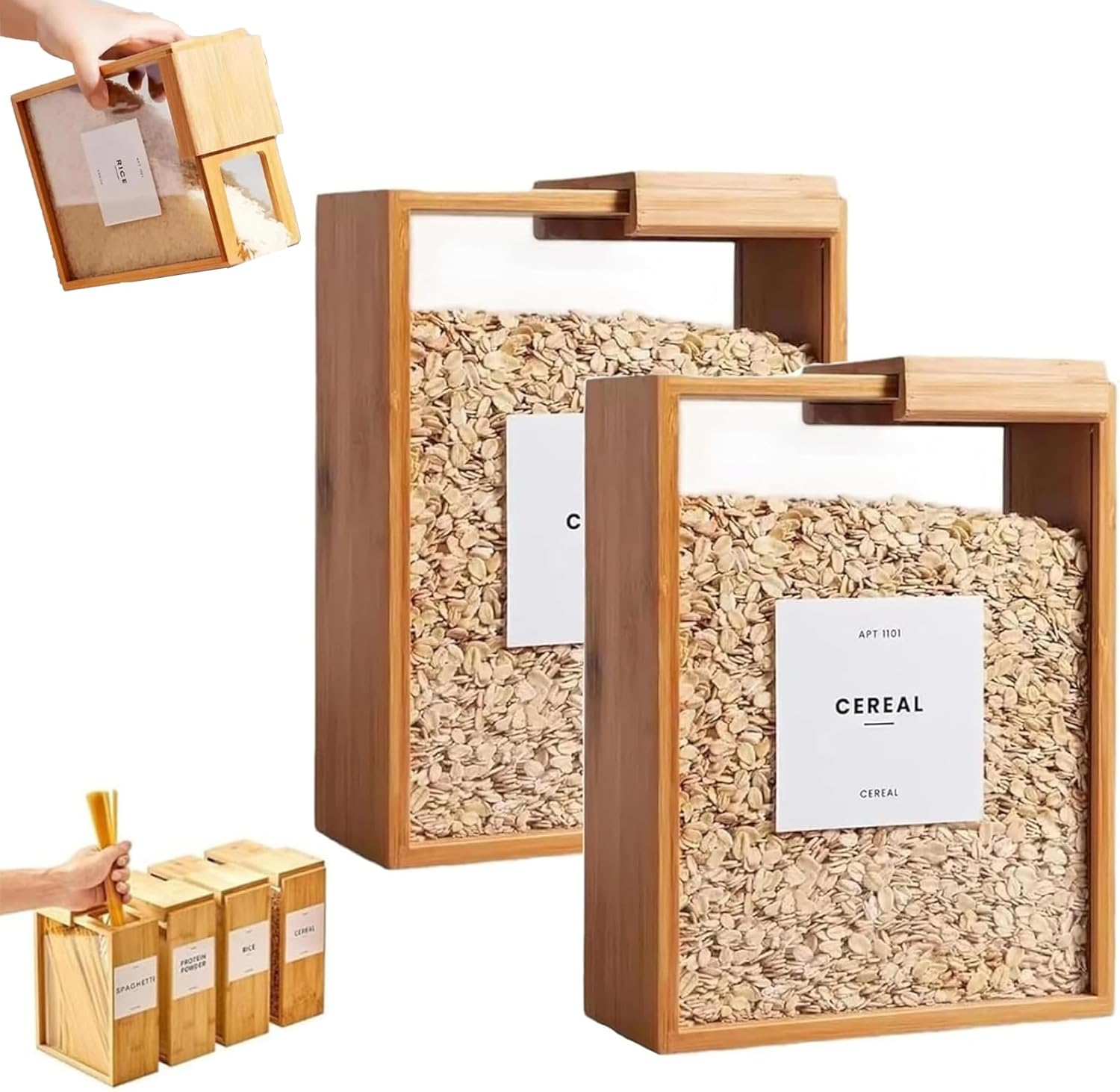 Wooden Cereal Storage Box, 2026 New Airtight Pantry Bins Container with Lids, Home Organization, Can Bamboo Rice Dispenser with Removable Lids for Snack, Rice and Flour (2Pcs)