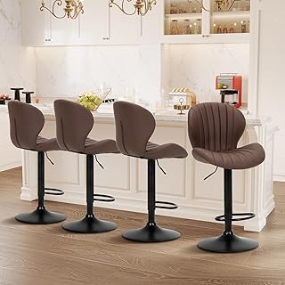 COLAMY Modern Swivel Bar Stools (Set of 4) - Adjustable Height, High Backrest, Brown Faux Leather Upholstery